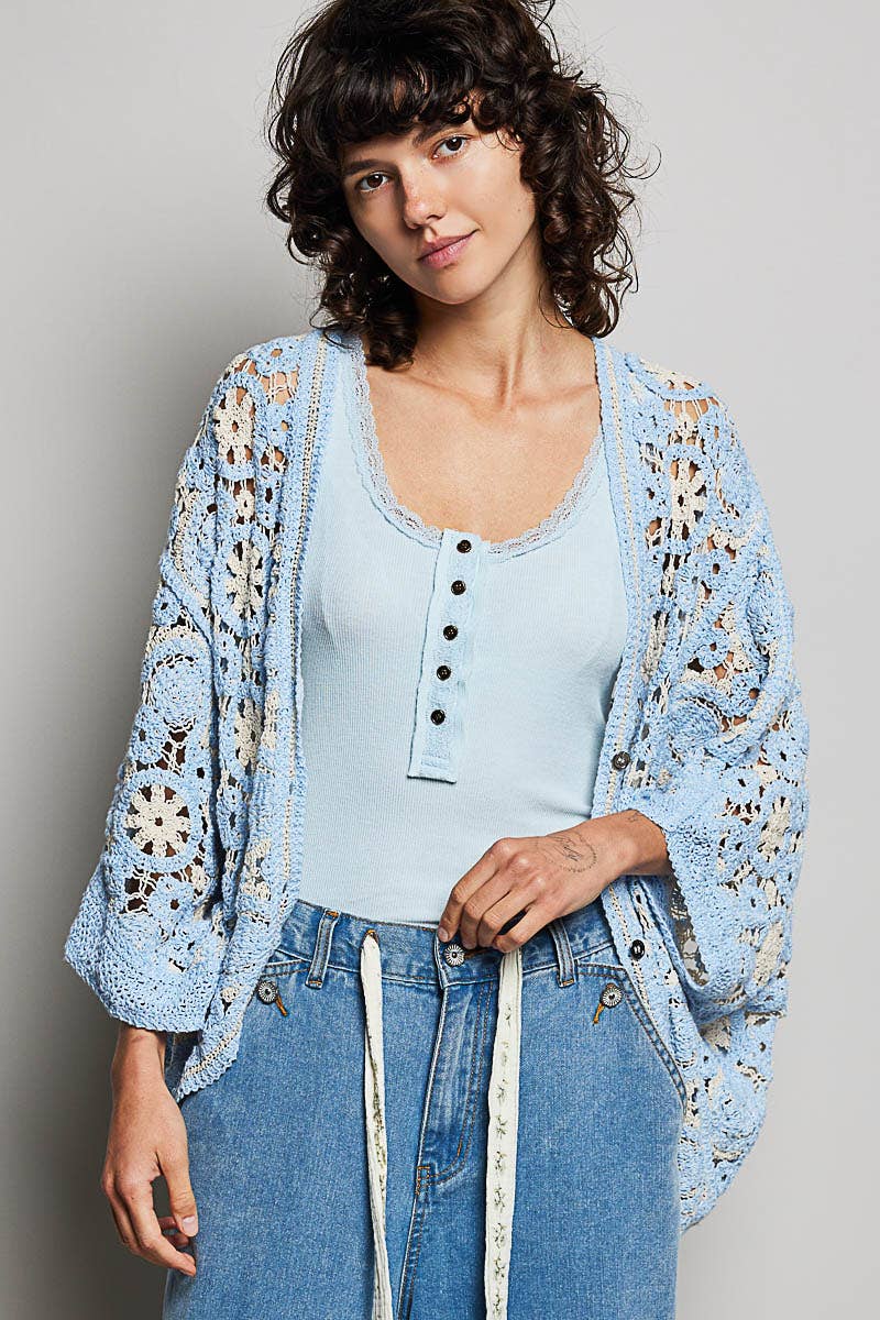 Pol Clothing - V-Neck Button Down Crochet Batwing Sleeve Cardigan Top