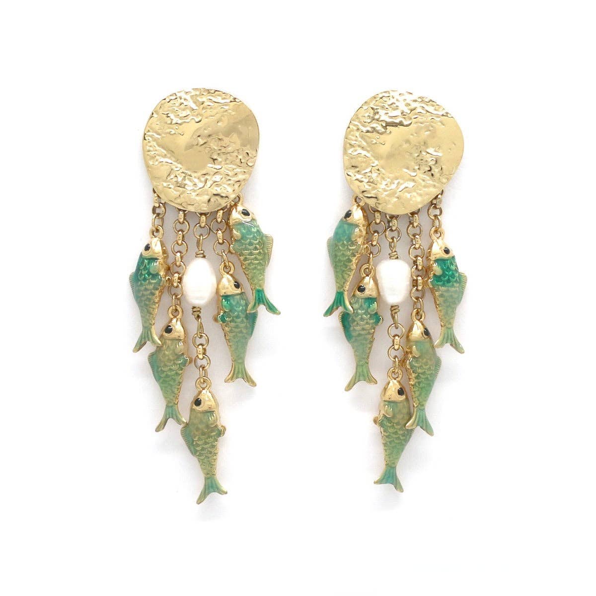 LIZOU - Five Turquoise Fish Hammered Earrings