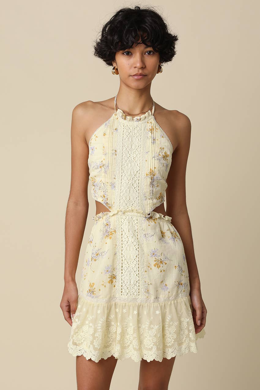 Olivaceous - Evelyn Butter Floral Halter Mini Dress