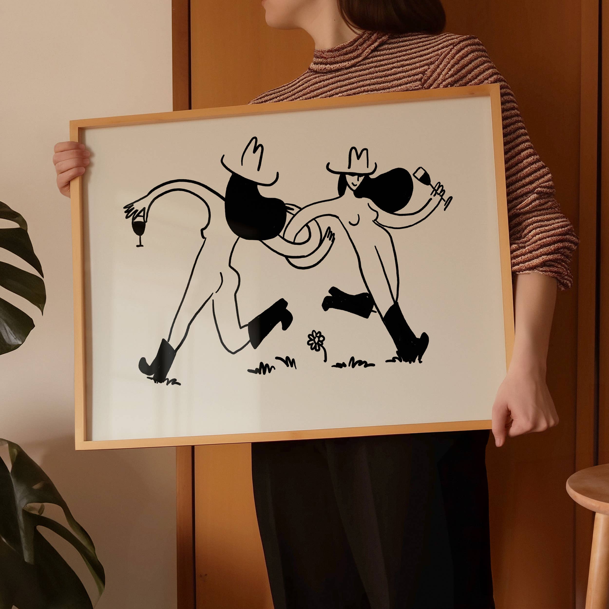 Tumbleweed Design Studio - Frolicking Cowgirls With Wine Minimal Western Art Print