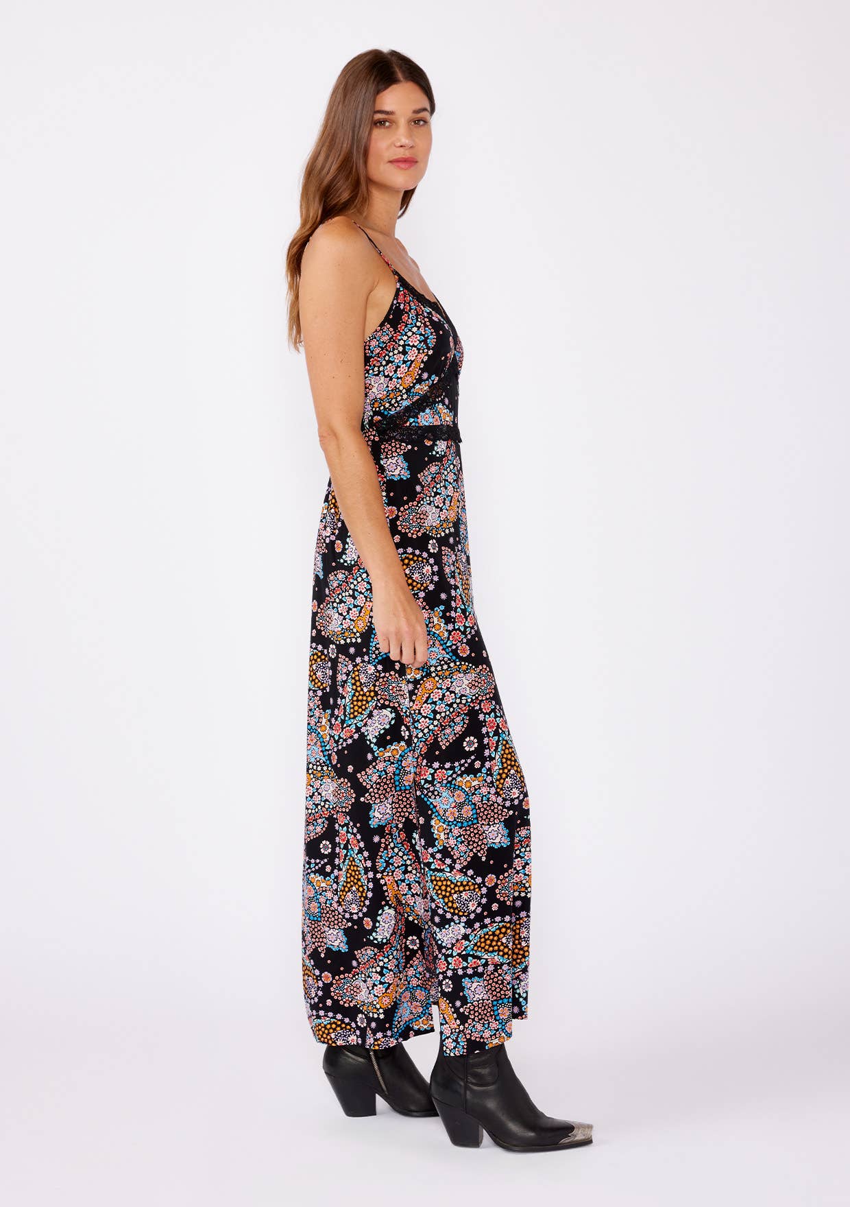 Lovestitch - Floral Spaghetti Strap Lace Trim Maxi Dress