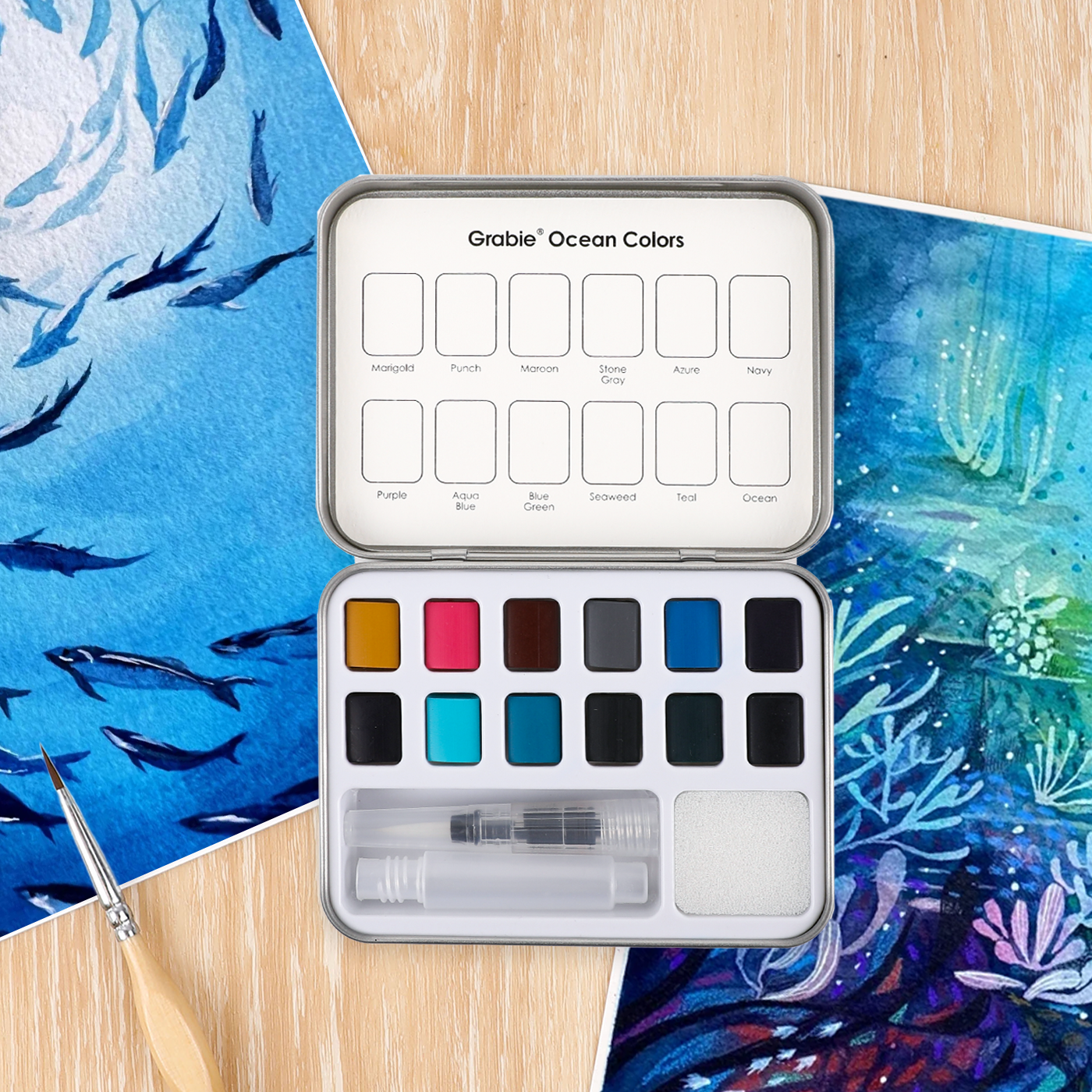 Grabie - Watercolor Pocket Set Of 12 With Brush - Ocean Colors