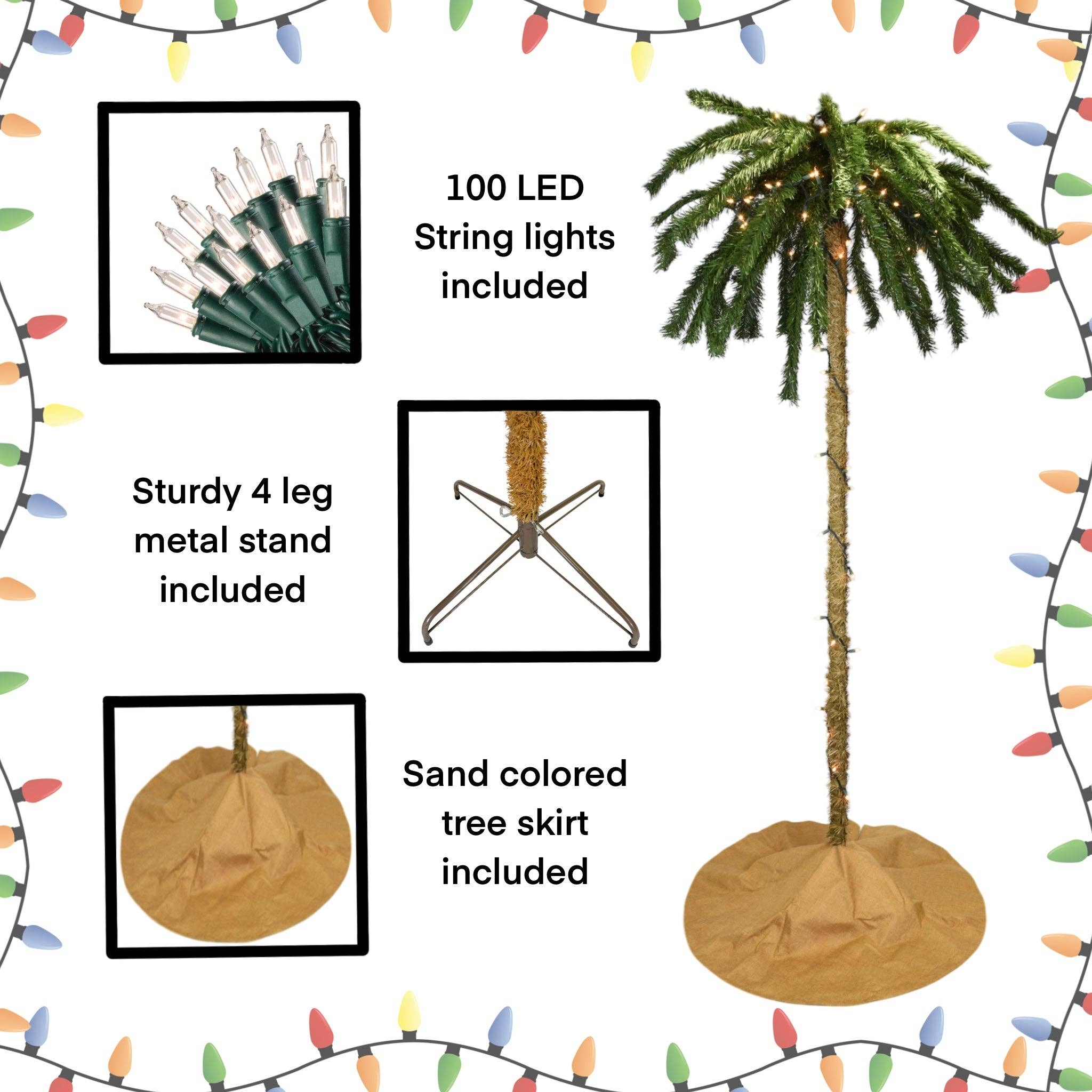 7 Foot Tall Pre-lit Palm Christmas Tree with Sand Colored Skirt & 100 White LED Lights