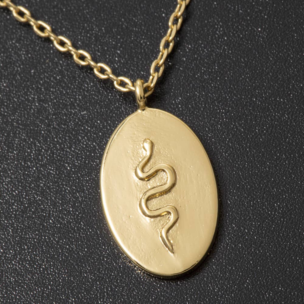 Fame Accessories - Gold Dipped Snake Embossed Oval Pendant Necklace