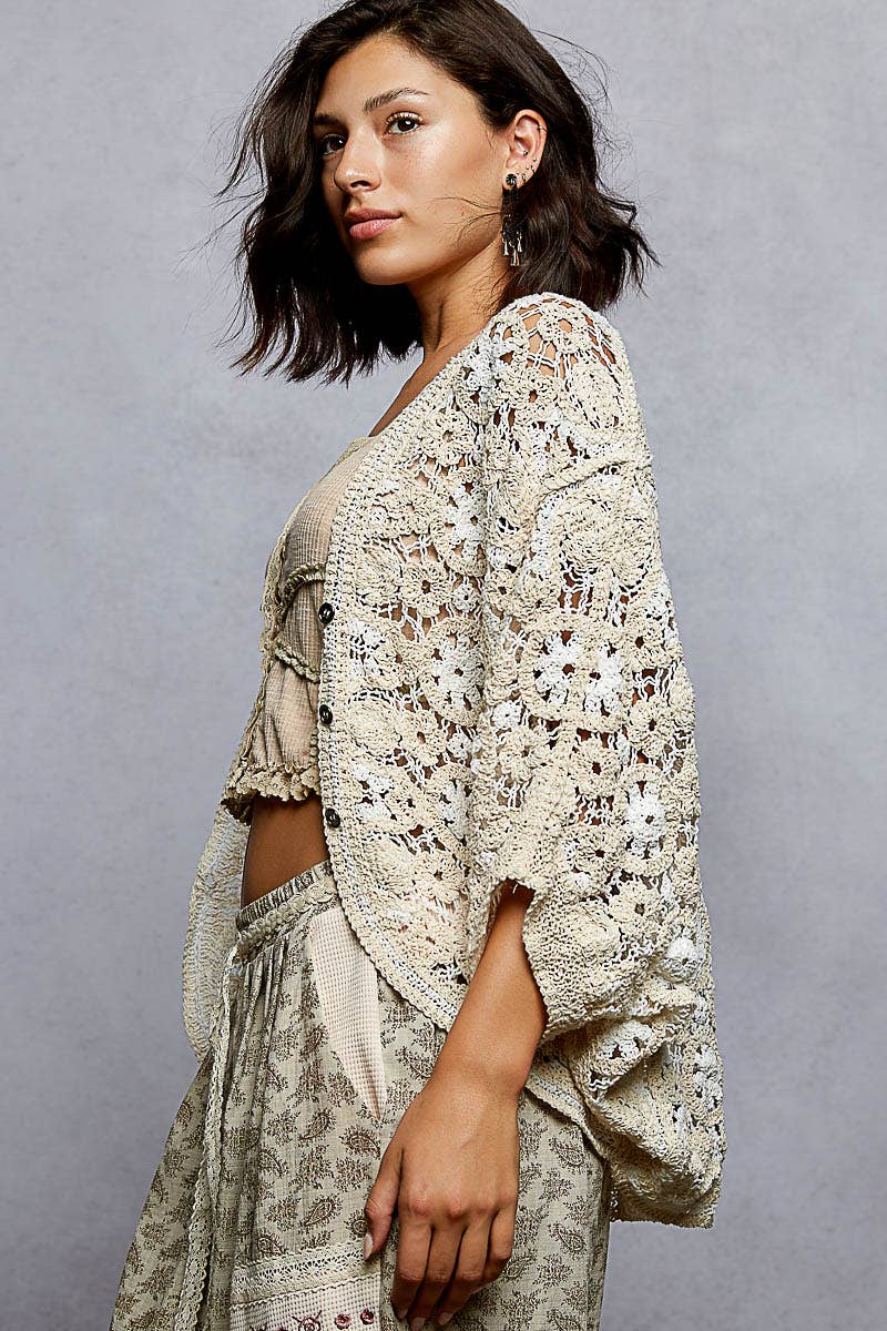 Pol Clothing - V-Neck Button Down Crochet Batwing Sleeve Cardigan Top