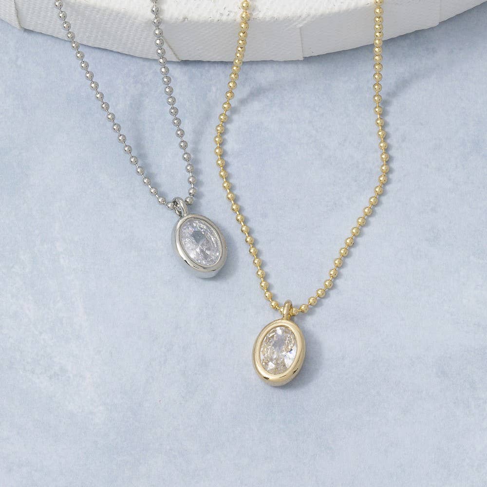 Fame Accessories - Gold Dipped Cz Oval Bezel Pendant Ball Chain Necklace
