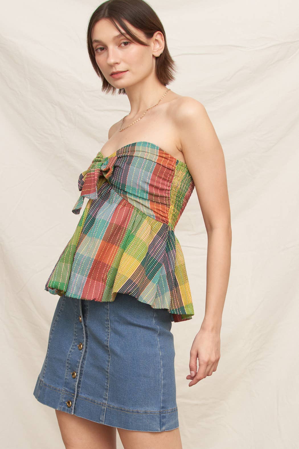 Multicolor Plaid Strapless Ribbon Top