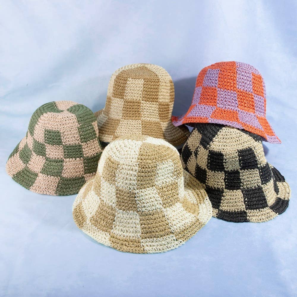 Straw Braided Checkered Bucket Hat