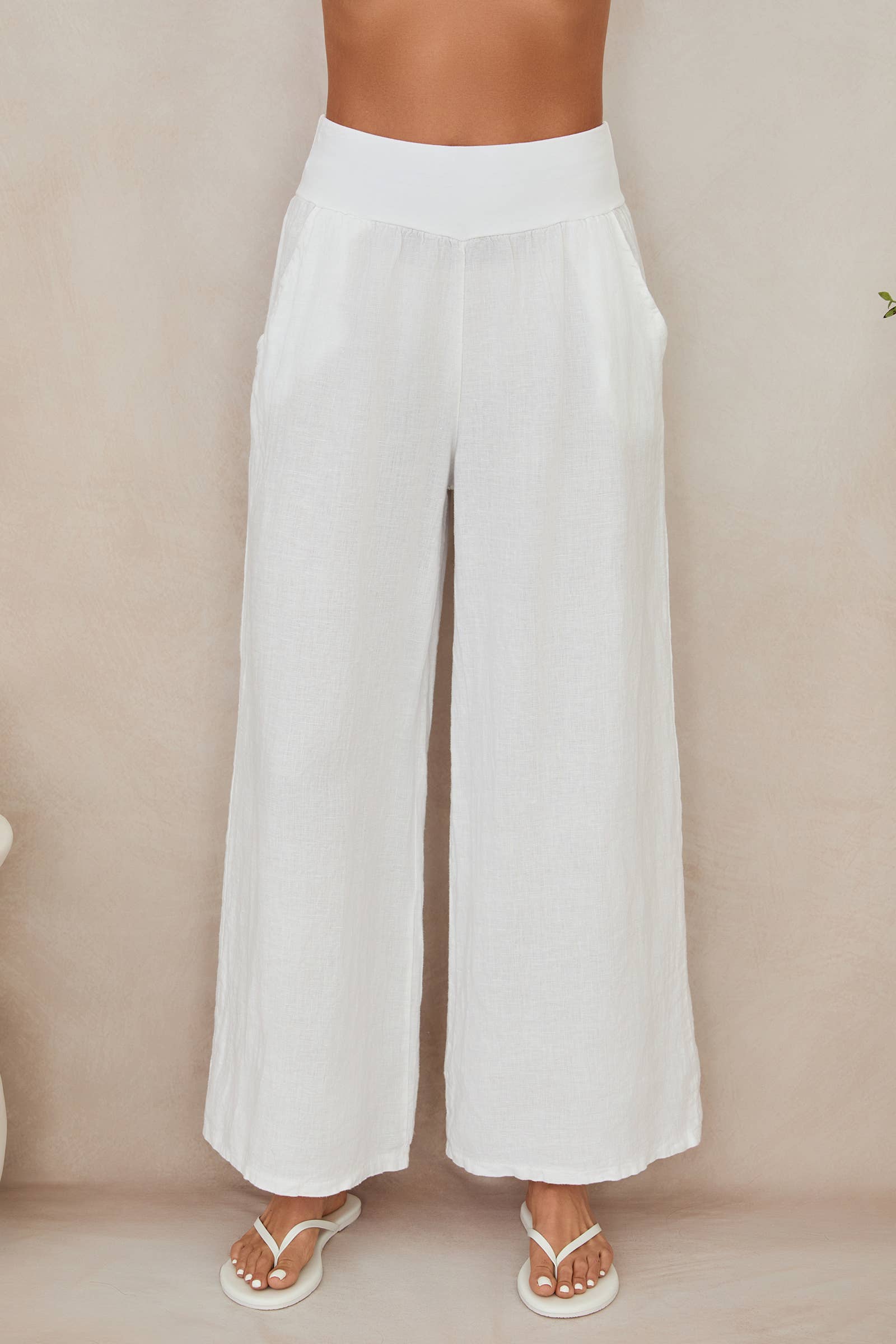MILIO MILANO - WAISTBAND WIDE LEG LINEN PANTS WITH POCKET