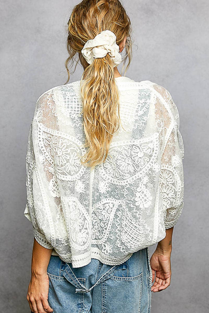 Pol Clothing - Floral Embroidery Crochet Half Batwing Sleeve Cardigan