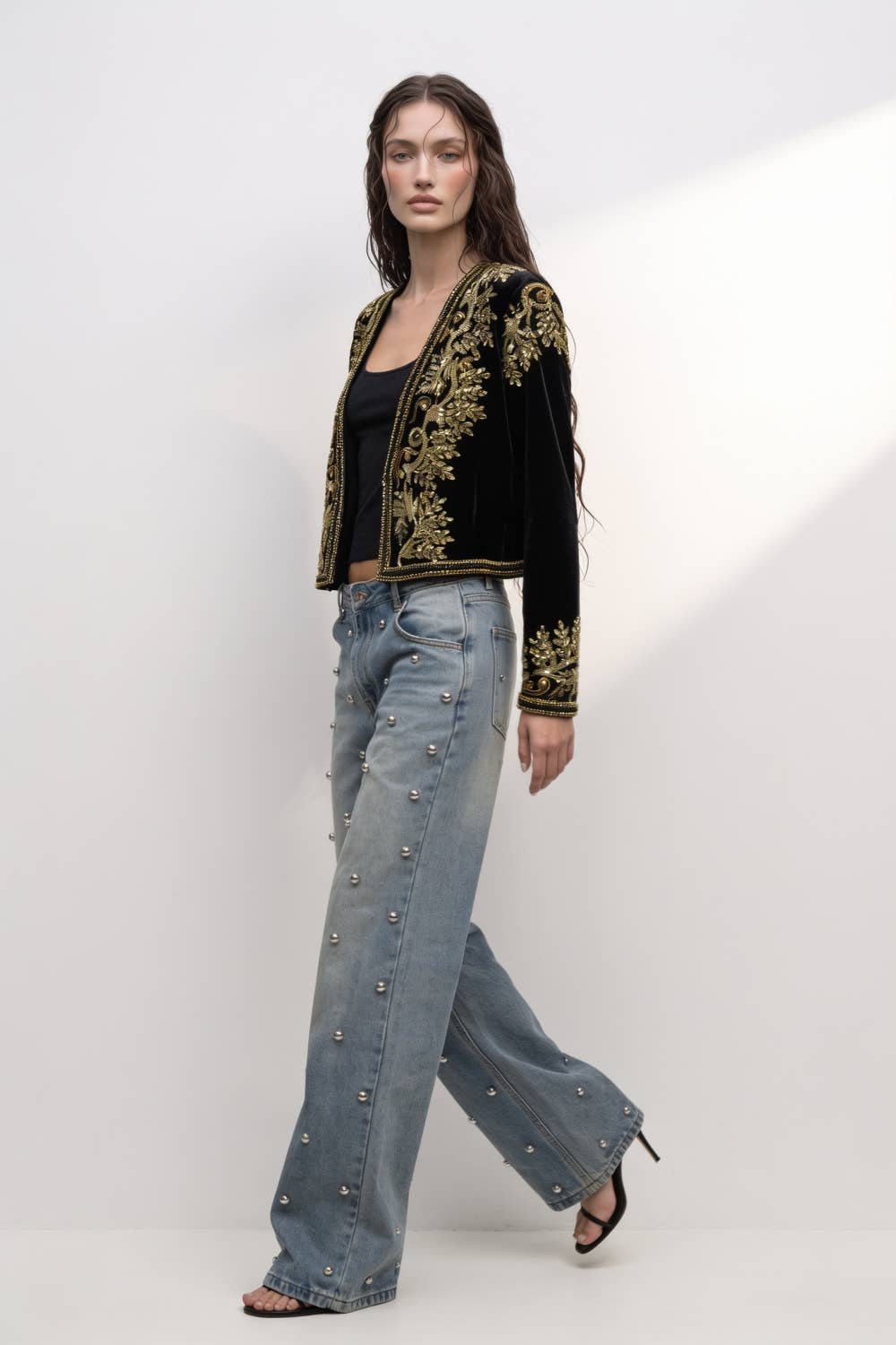 Beulah Style - Embroidered Velvet Cropped Open-Front Jacket