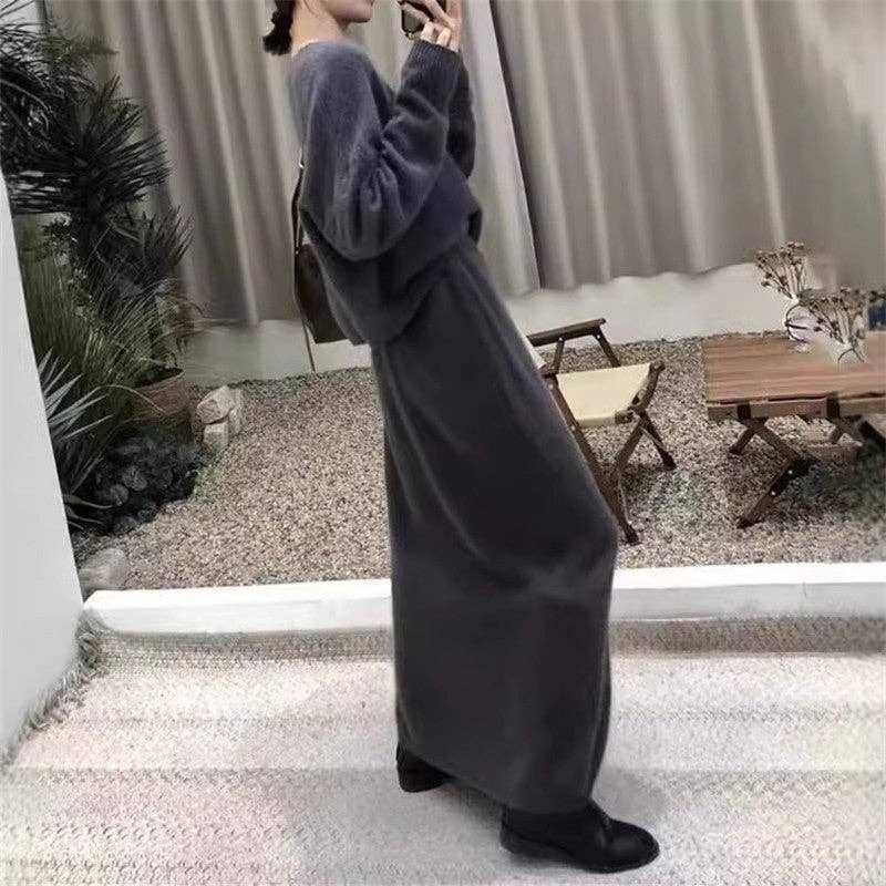 Sheer Trend - Solid Color Straight Skirt Sweater Two Piece Set