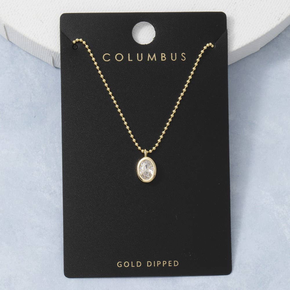 Fame Accessories - Gold Dipped Cz Oval Bezel Pendant Ball Chain Necklace
