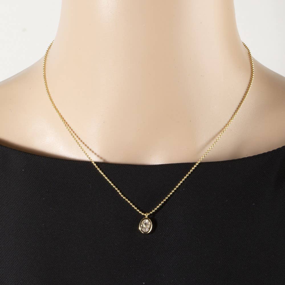 Fame Accessories - Gold Dipped Cz Oval Bezel Pendant Ball Chain Necklace