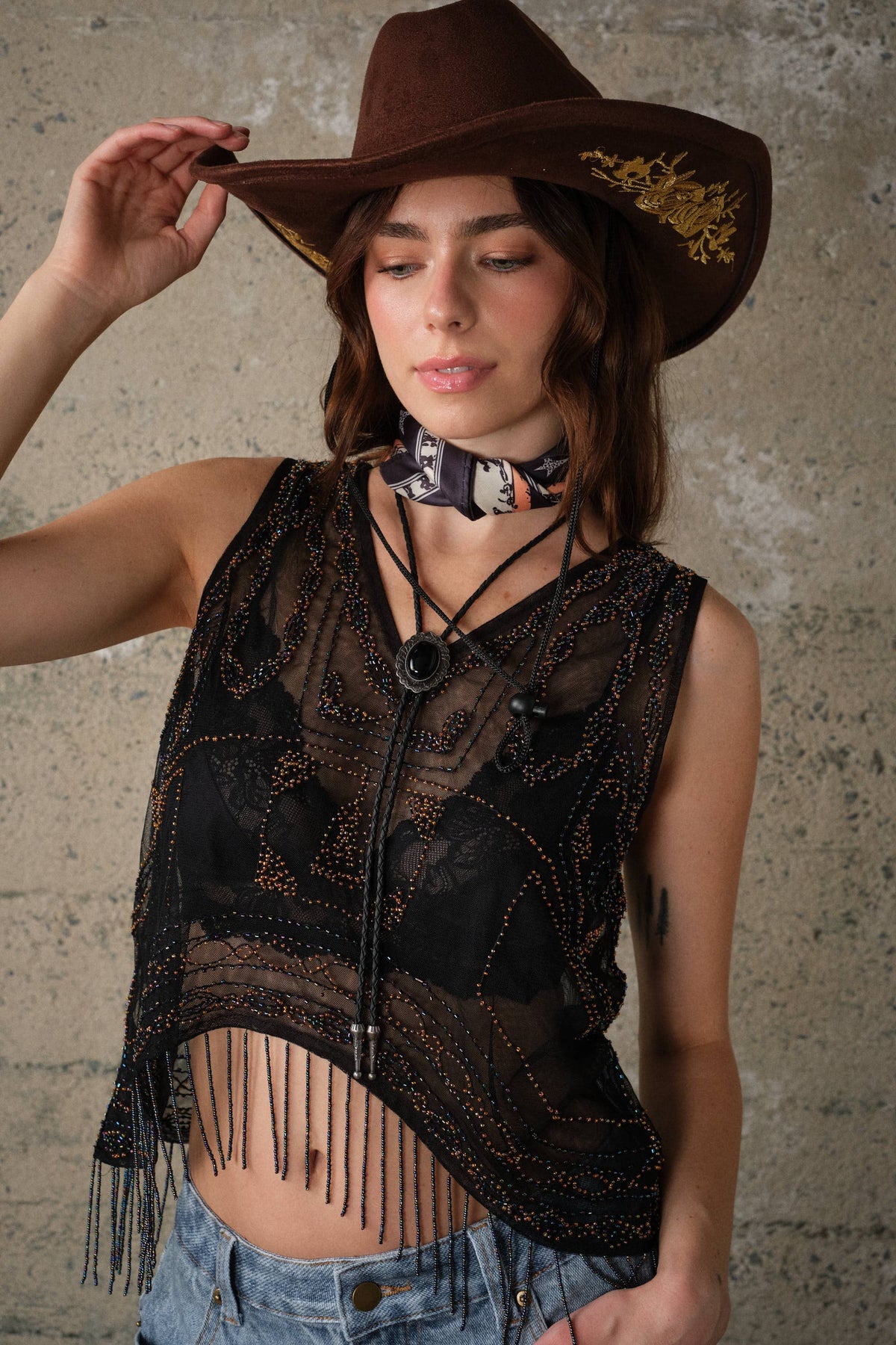 Blue B - 33309T Western Sequin Mesh Fringe Top