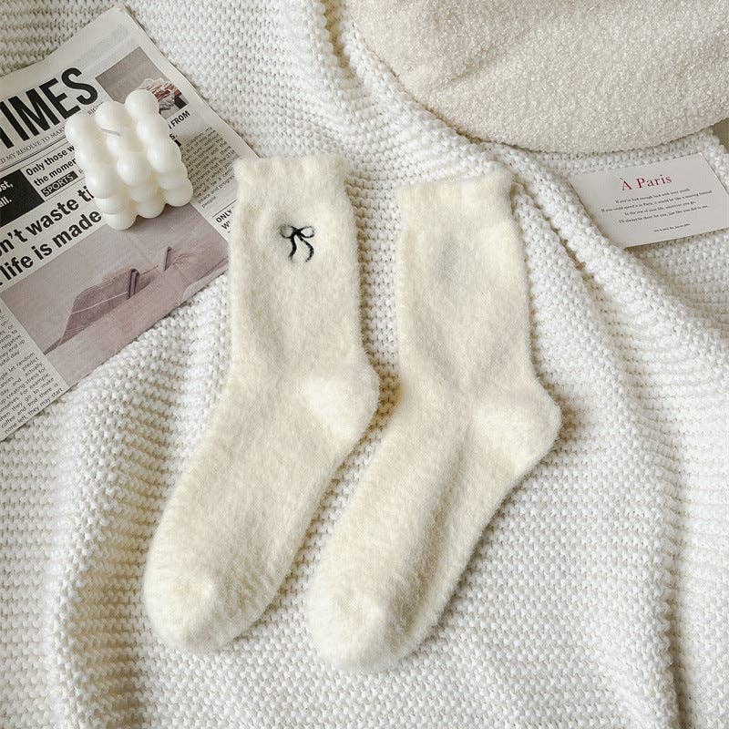 Dipped Shop - Winter Plush Solid Color Bow Embroidery Crew Socks