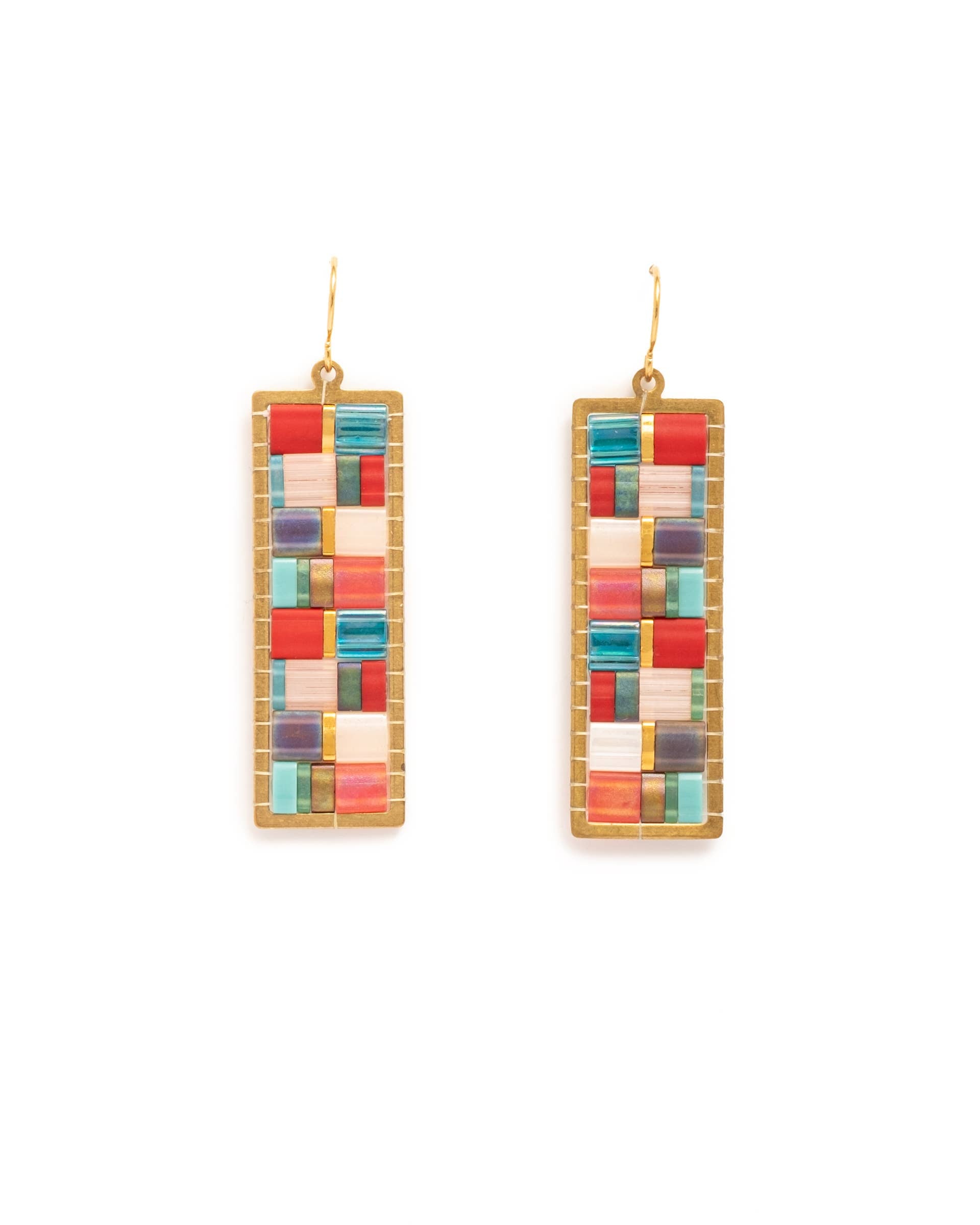 Mayana Designs Co - Beaded Handwoven Mosaic Tila and Brass Earrings (Aqua/Red)