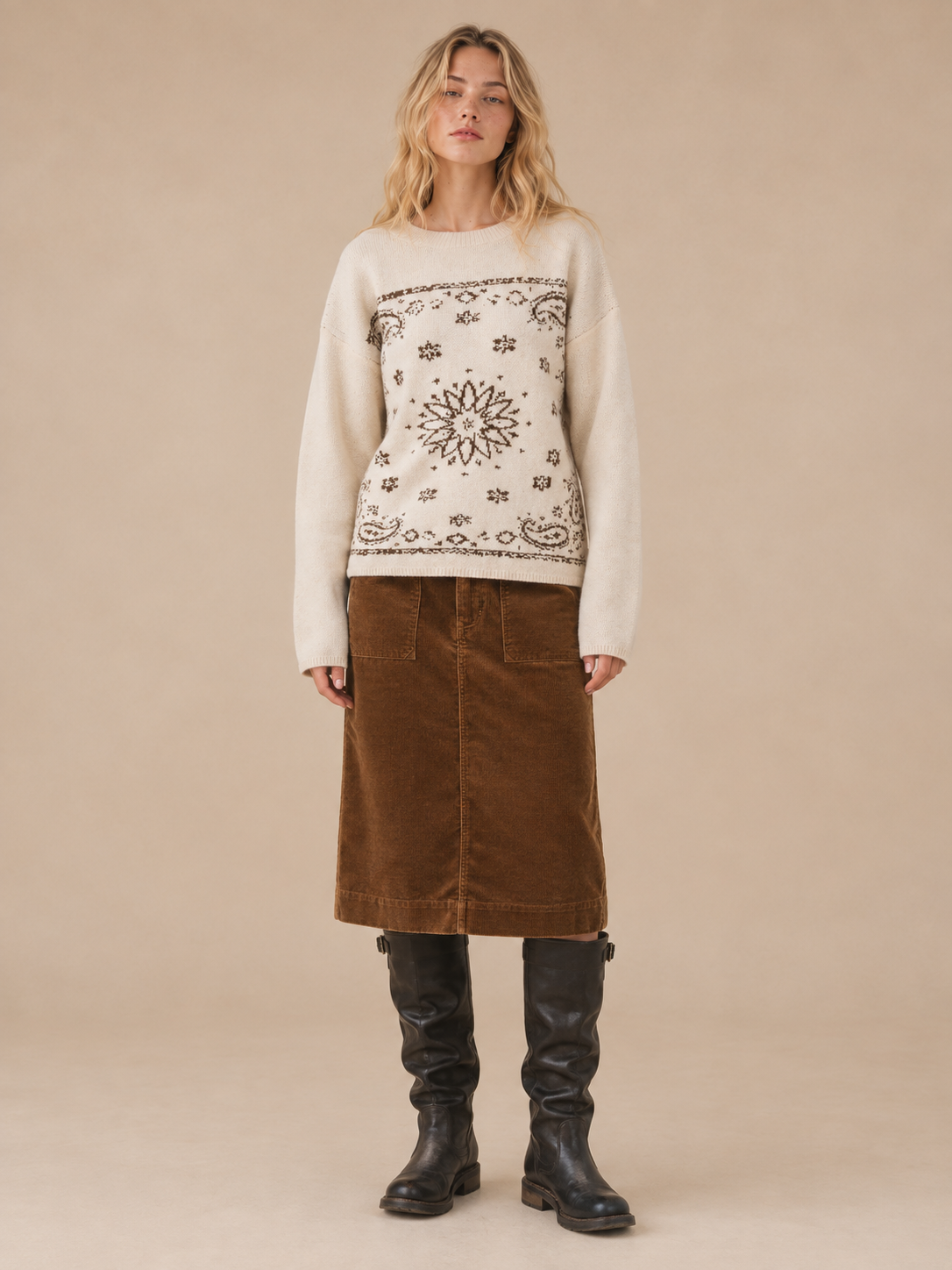 SPICE ALLEY - SA10162T - Western Bandana Jacquard Crewneck Sweater