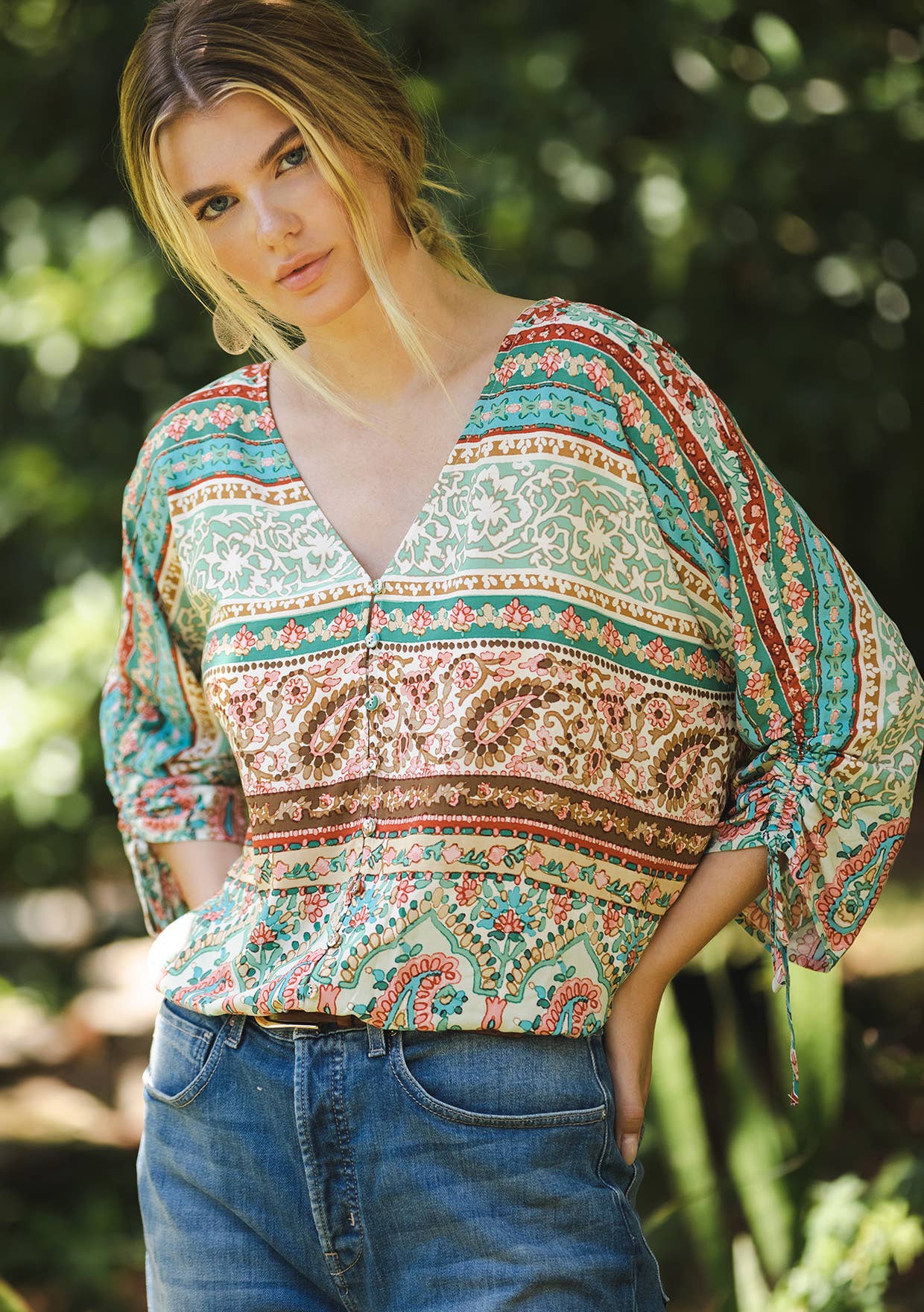 Lovestitch - Striped Paisley V-Neck Blouse