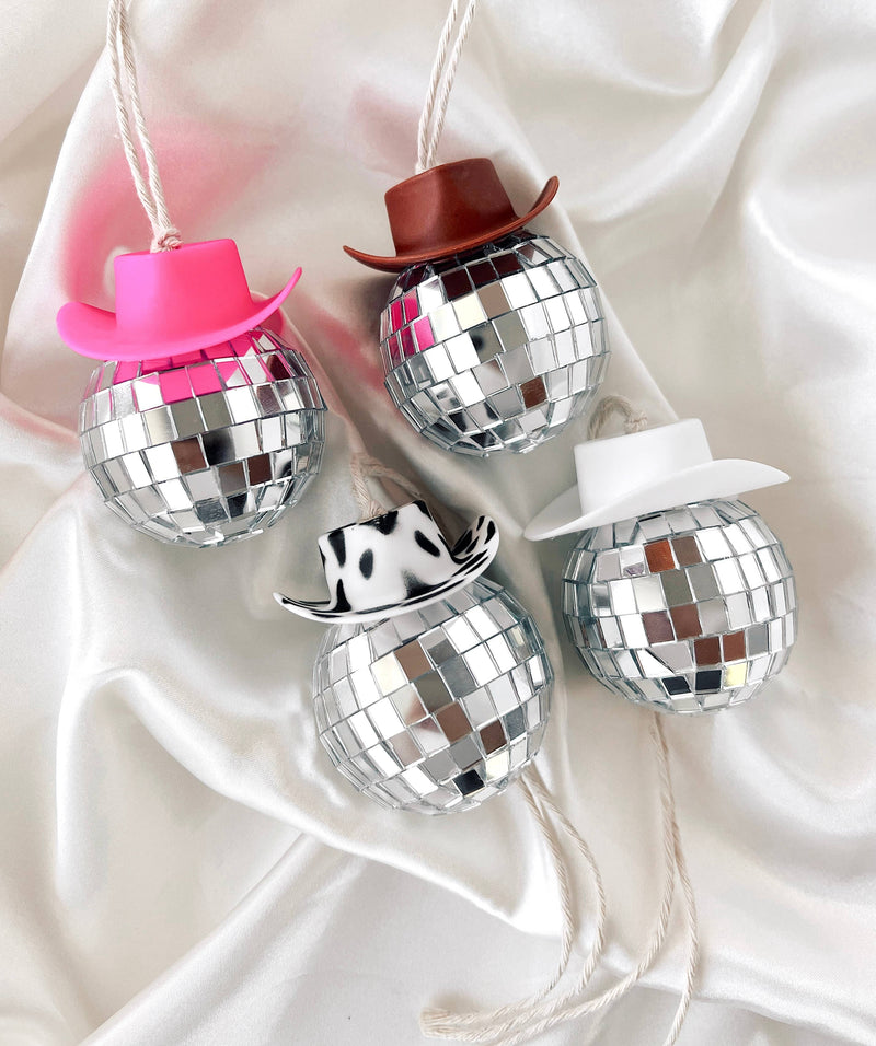Pink Disco Ball Cowboy Hat Car Hanging Christmas Ornaments
