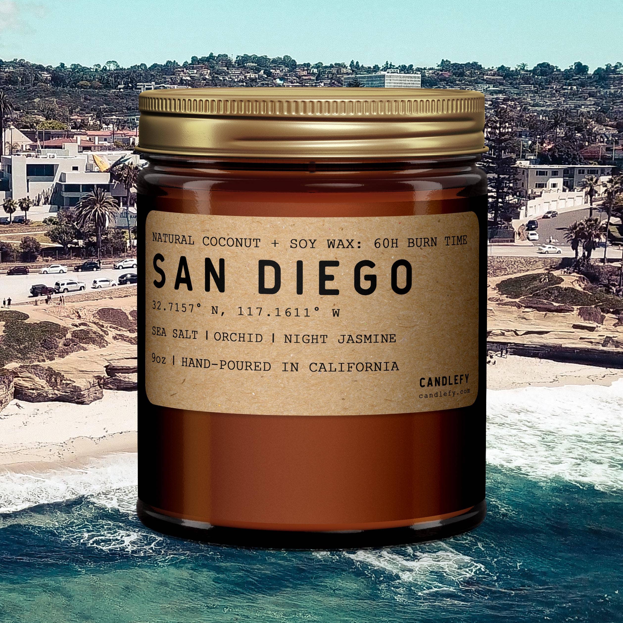 Candlefy - San Diego California Scented Candle, Amber Glass Natural Wax