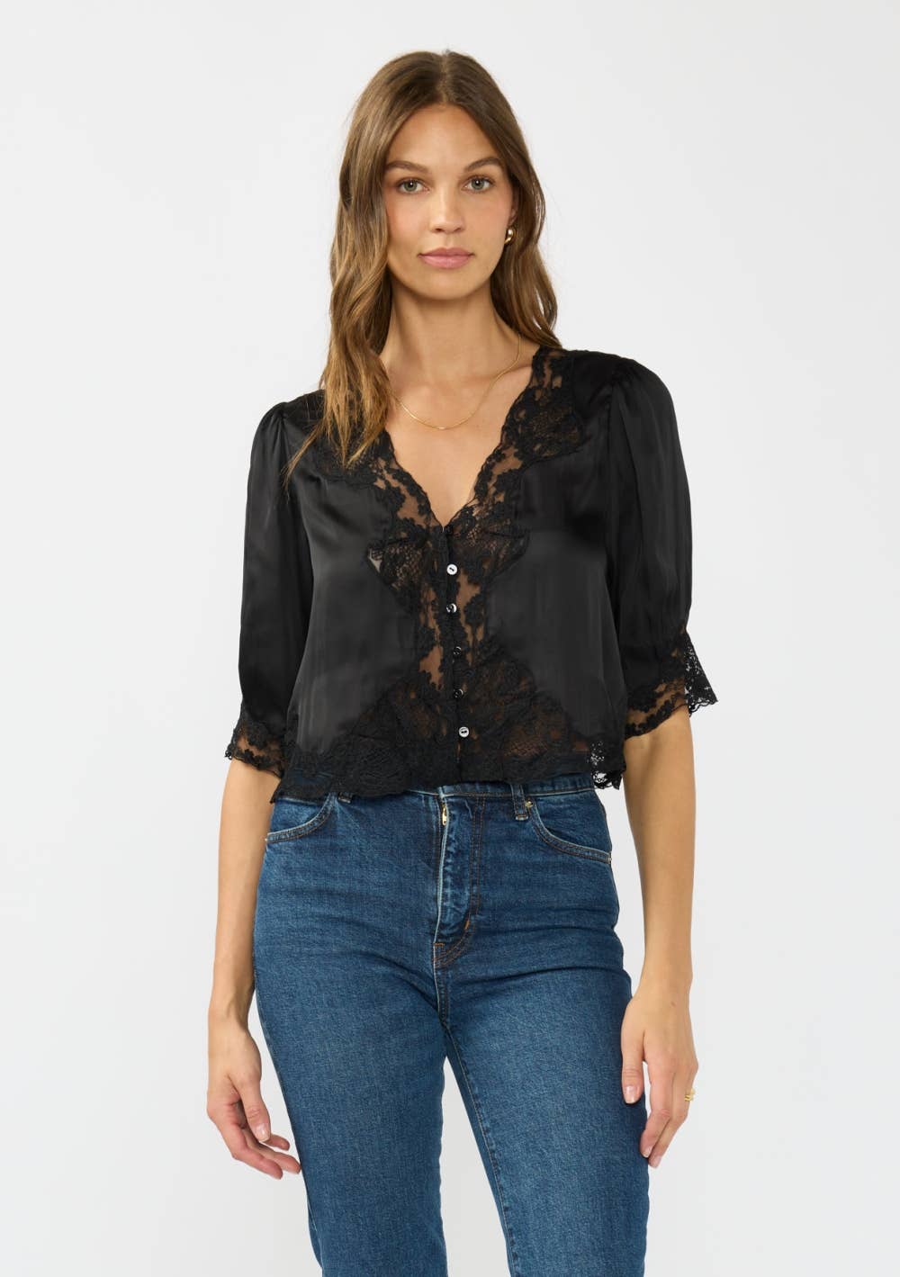 Lovestitch - V-Neck Button Front Blouse with Lace Trim