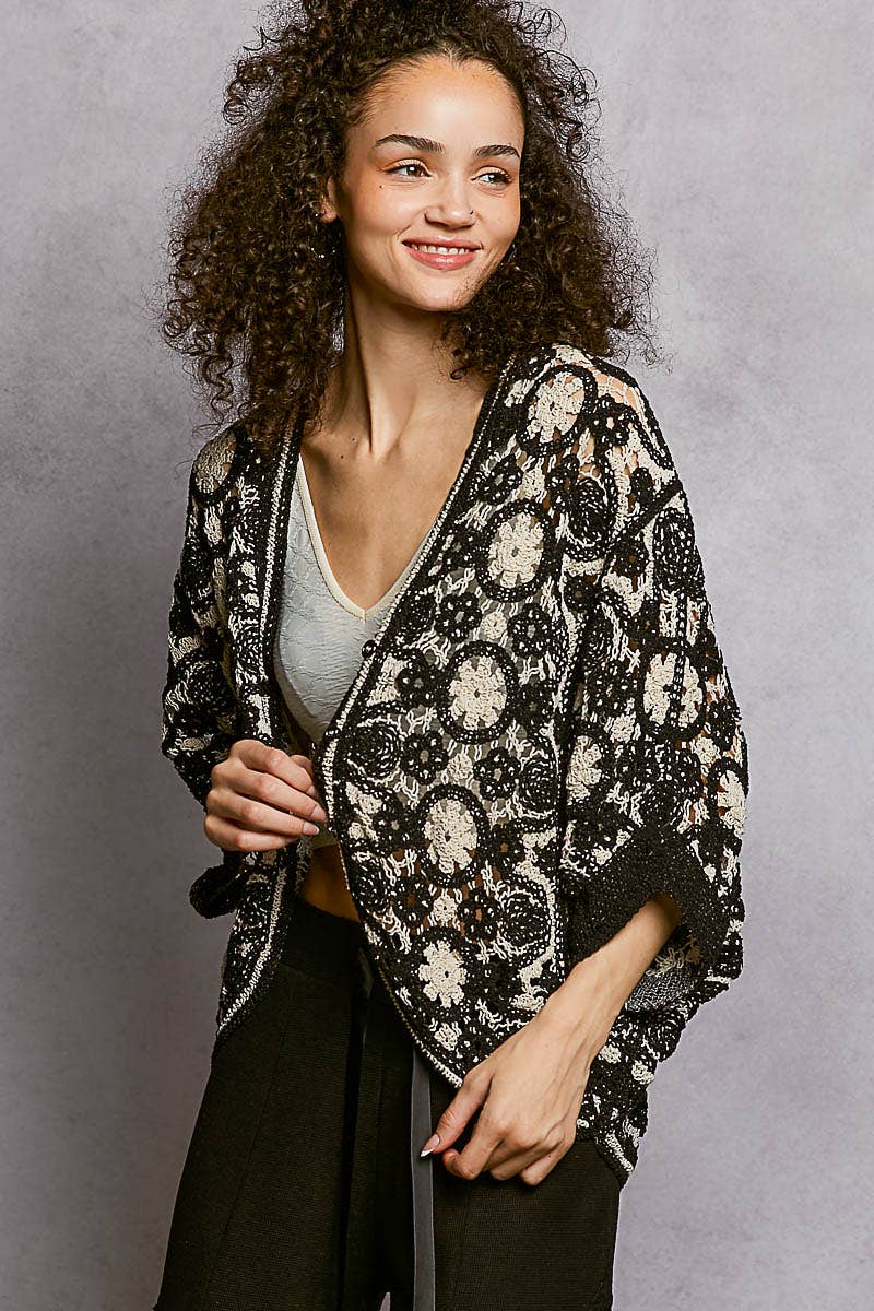 Pol Clothing - V-Neck Button Down Crochet Batwing Sleeve Cardigan Top