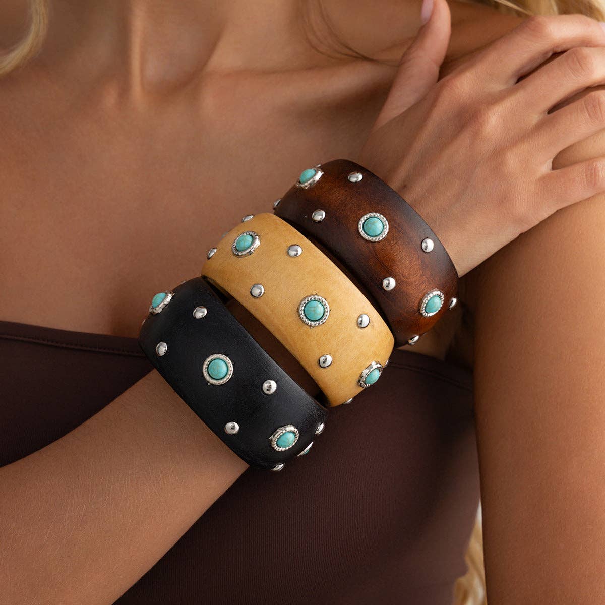 Dipped Shop - Punk Style Studded Wooden Wide Bracelet MK2ZCEP6W6JBR74