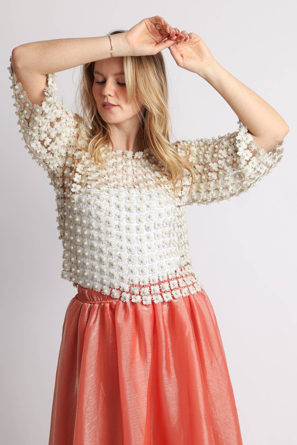 Beulah Style - Floral Guipure Pearl-Embellished Overlay Top