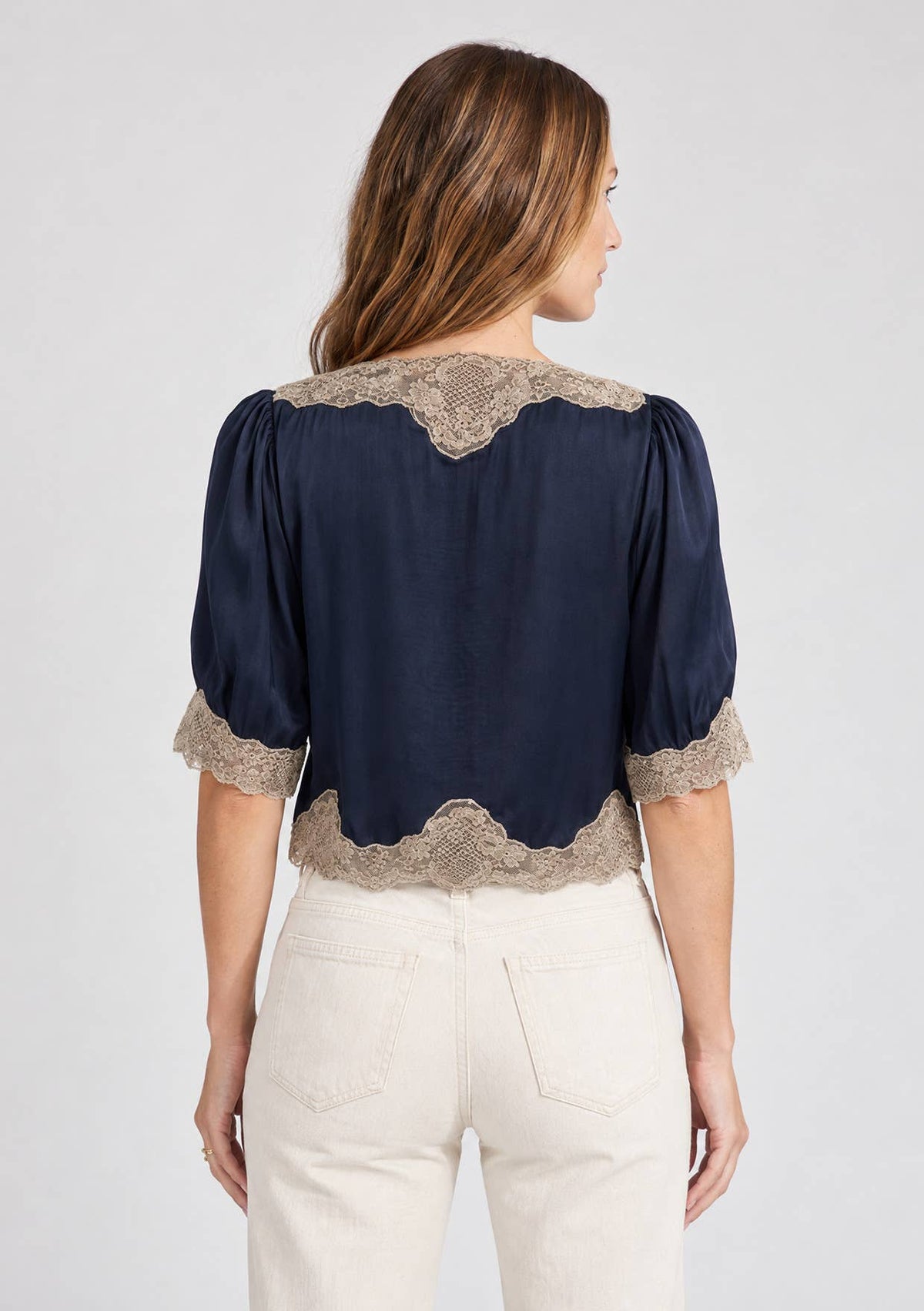Lovestitch - V-Neck Button Front Blouse with Lace Trim