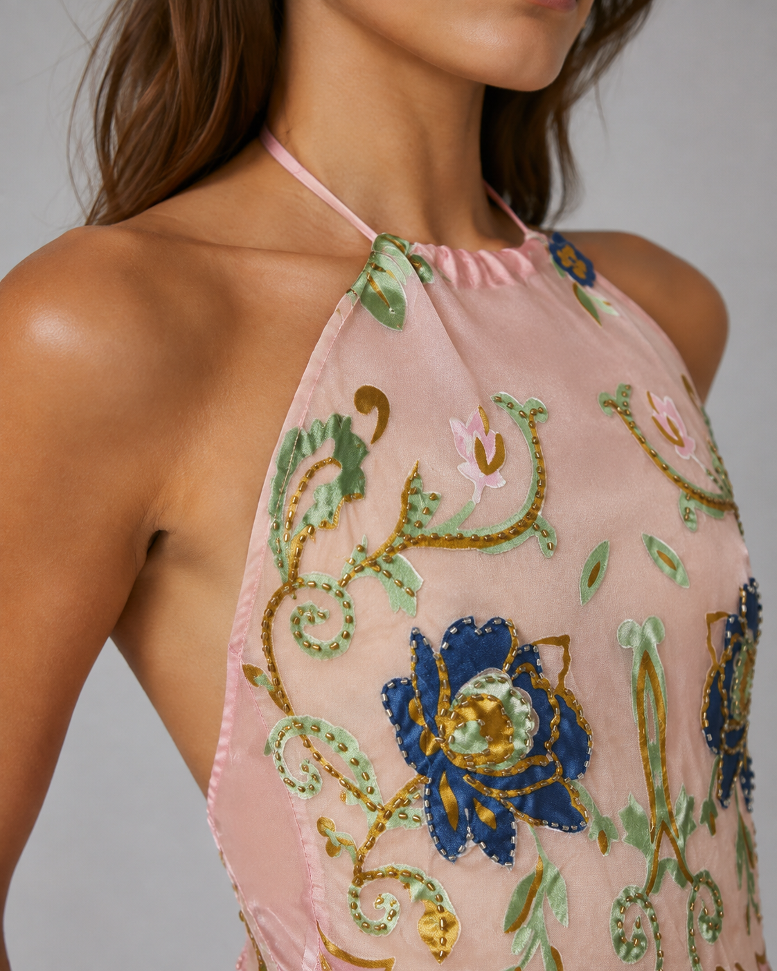 Aris A - Silk Beaded floral Halter Top