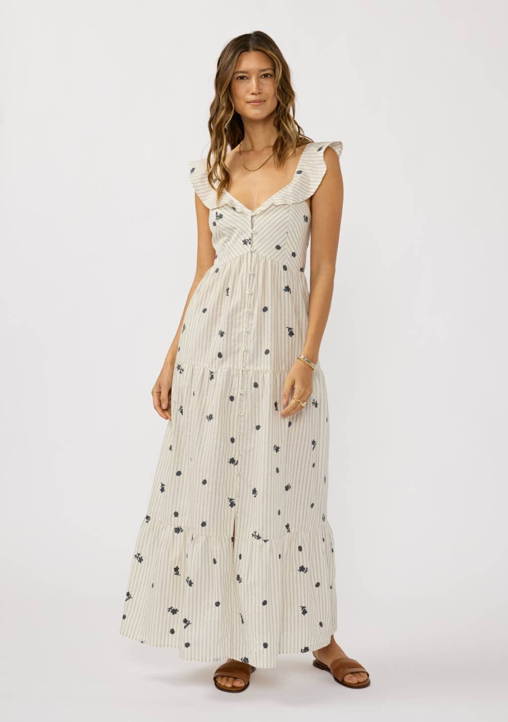 Lovestitch - Embroidered Stripe Button Down Tiered Maxi Dress