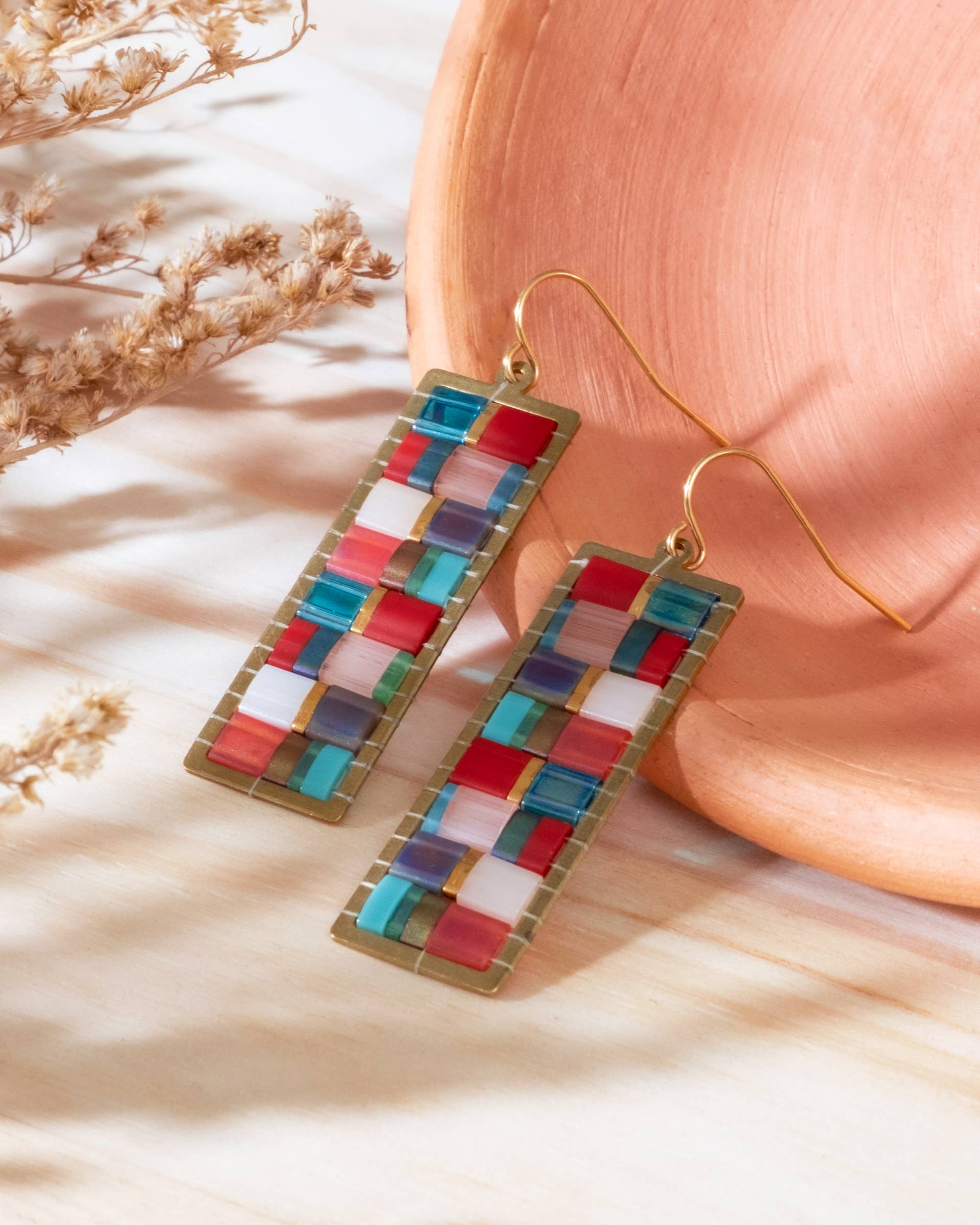 Mayana Designs Co - Beaded Handwoven Mosaic Tila and Brass Earrings (Aqua/Red)