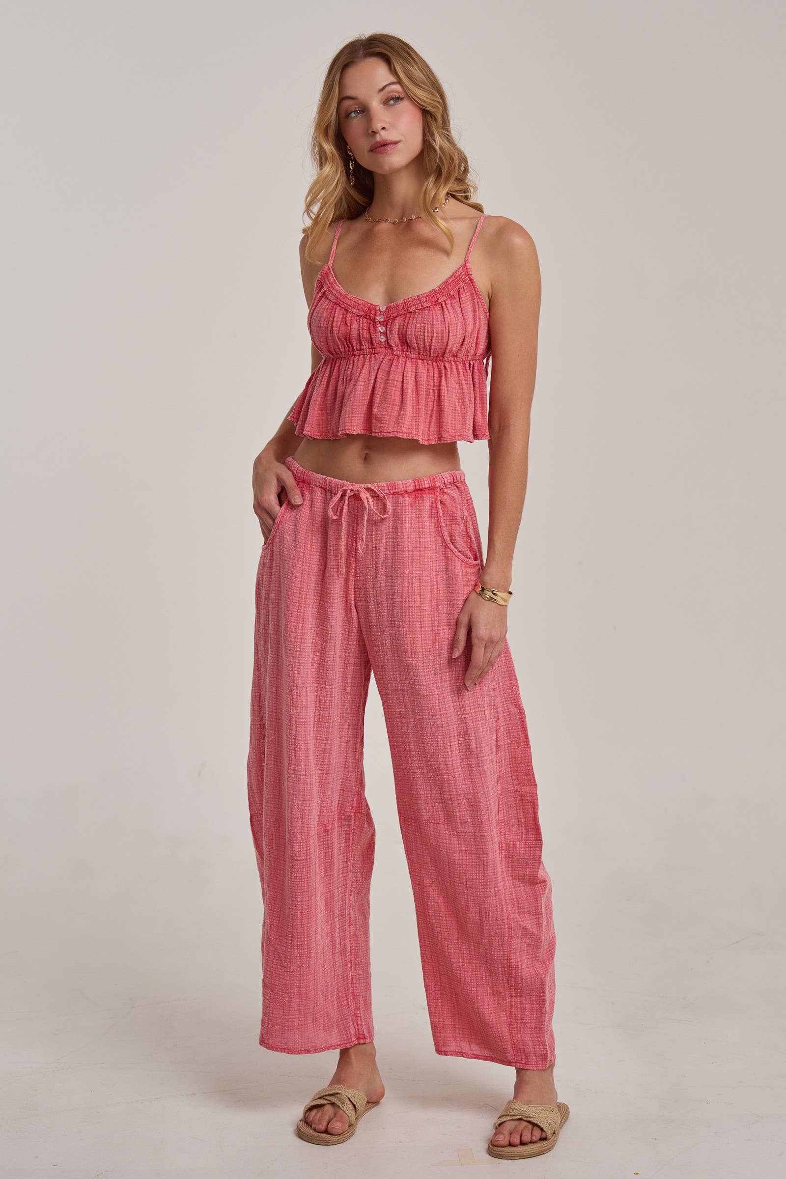 BON - MINERAL WASHED GAUZE CAMI TOP AND BARREL PANTS CASUAL SET
