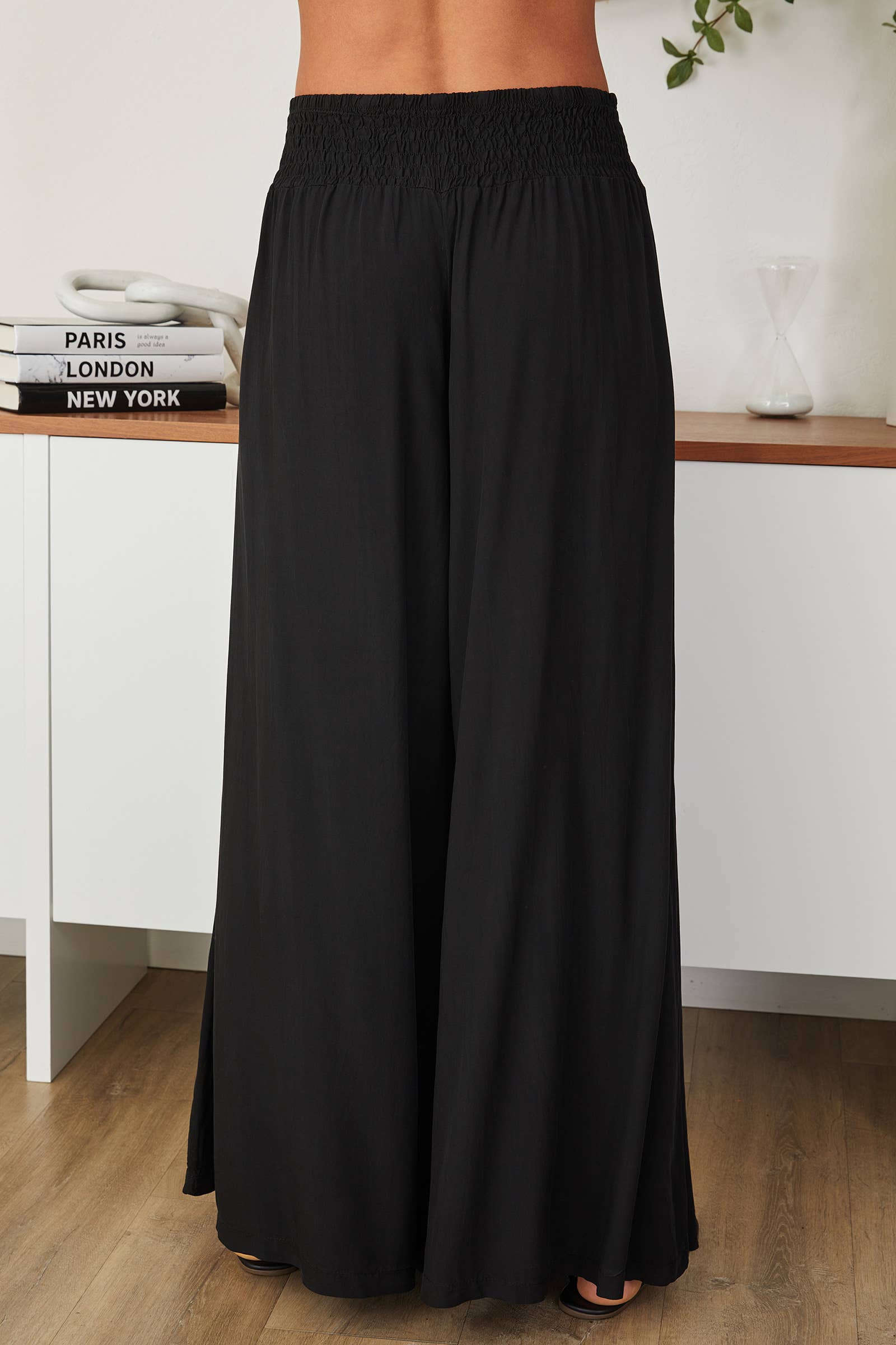 MILIO MILANO - LINEN SMOCKED WAIST PALAZZO PANT(23.2275-BLACK)