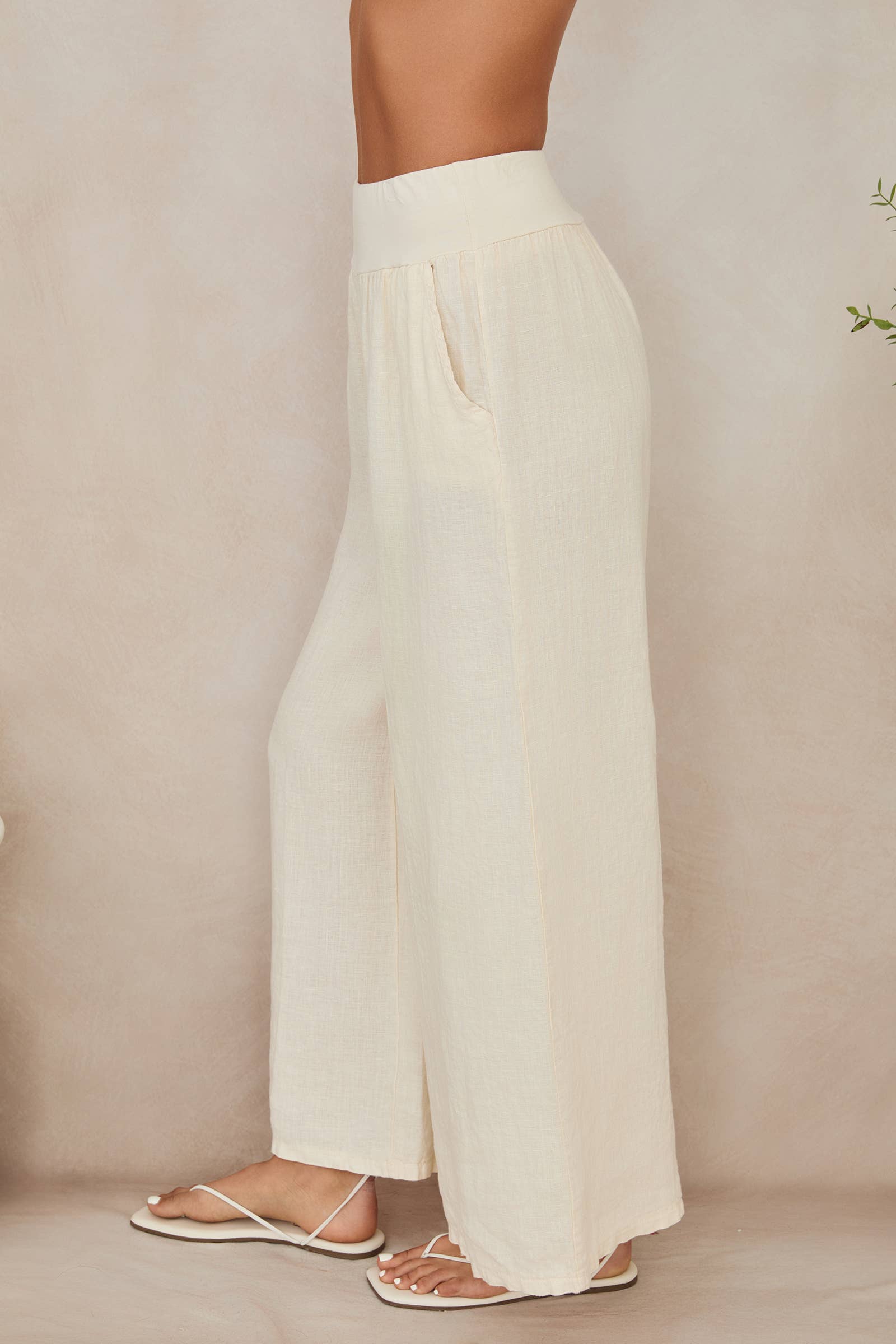 MILIO MILANO - WAISTBAND WIDE LEG LINEN PANTS WITH POCKET