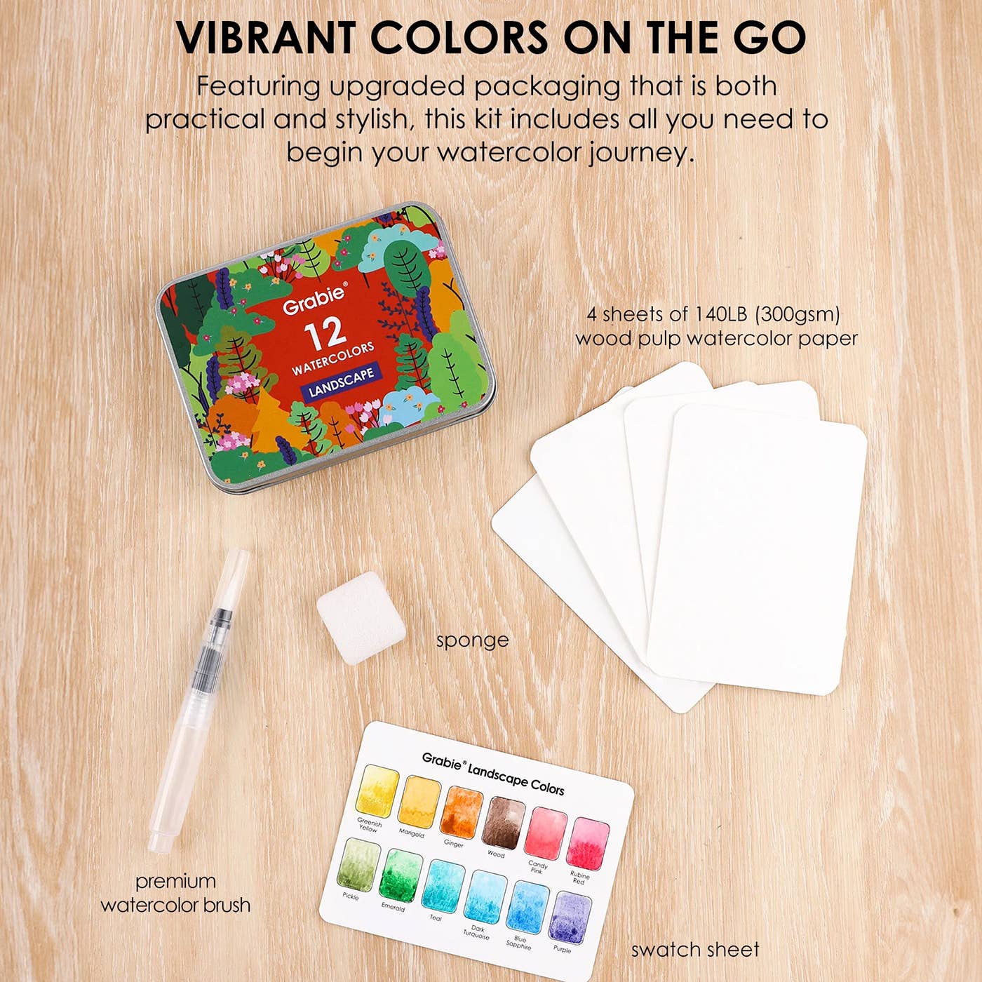 Grabie - Watercolor Pocket Set Of 12 With Brush - Landscape Colors