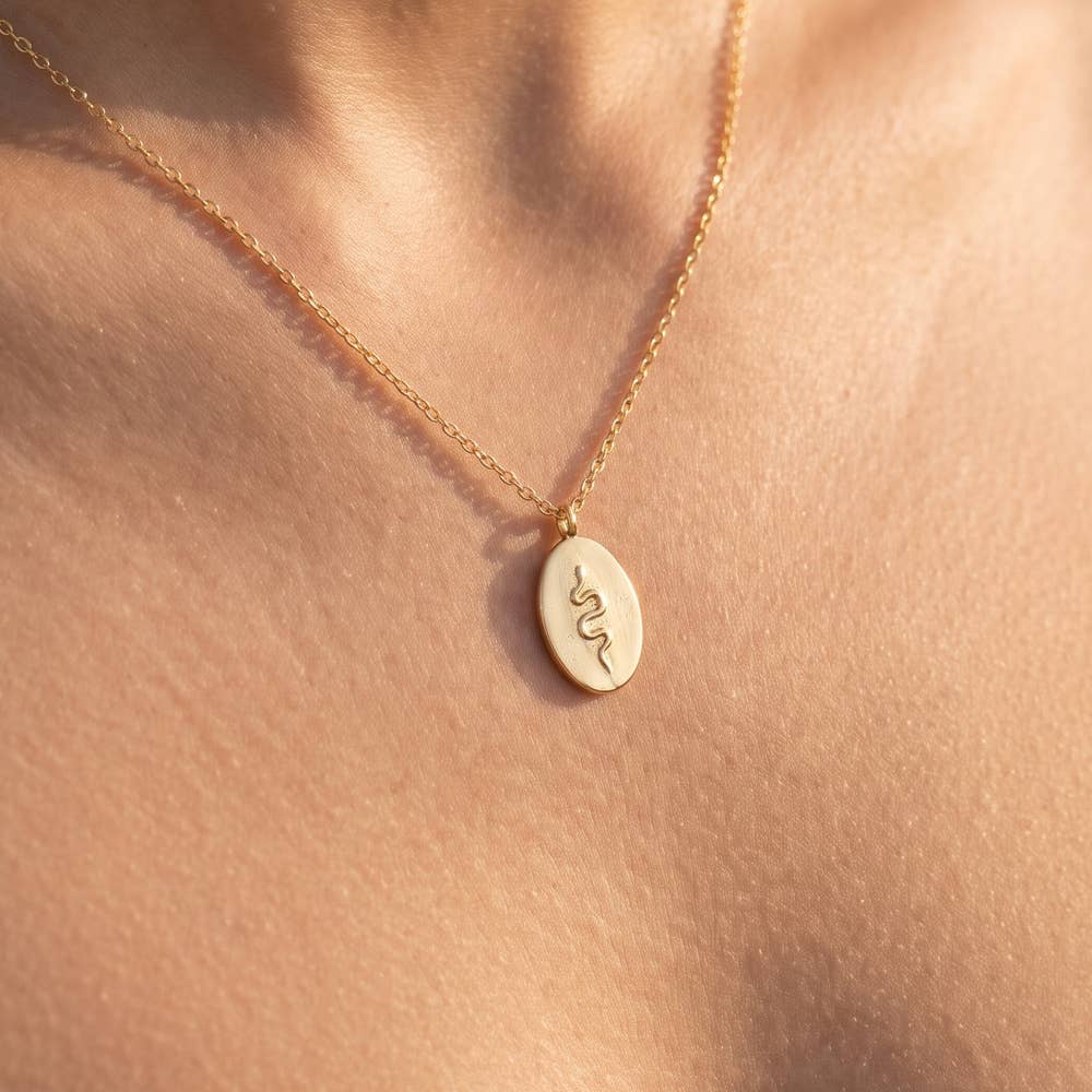 Fame Accessories - Gold Dipped Snake Embossed Oval Pendant Necklace