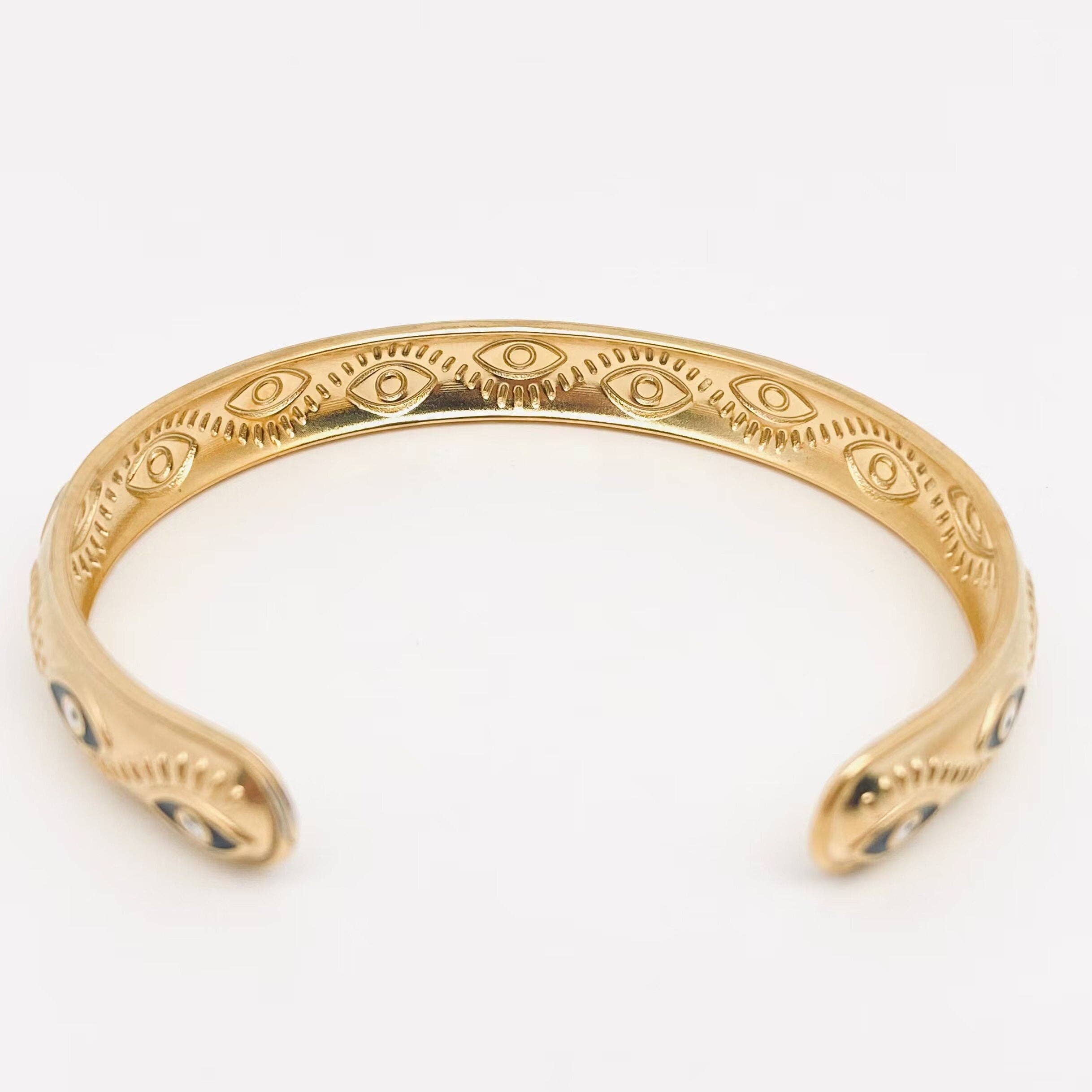 Mio Queena - Black Evil Eye Cuff 18k Gold Plated Steel Bangle - FGS