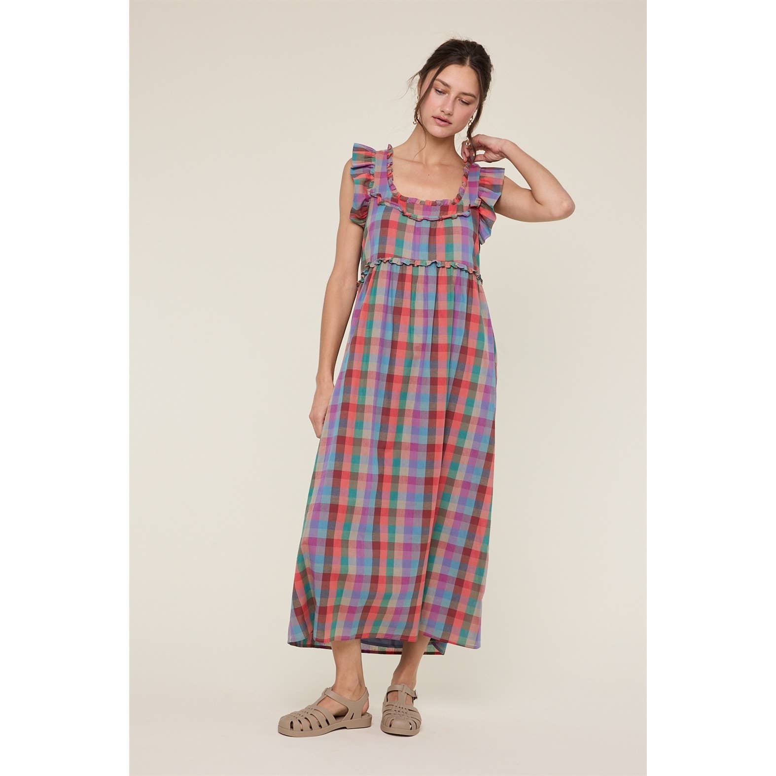 MULTICOLOR PLAID MIDI DRESS