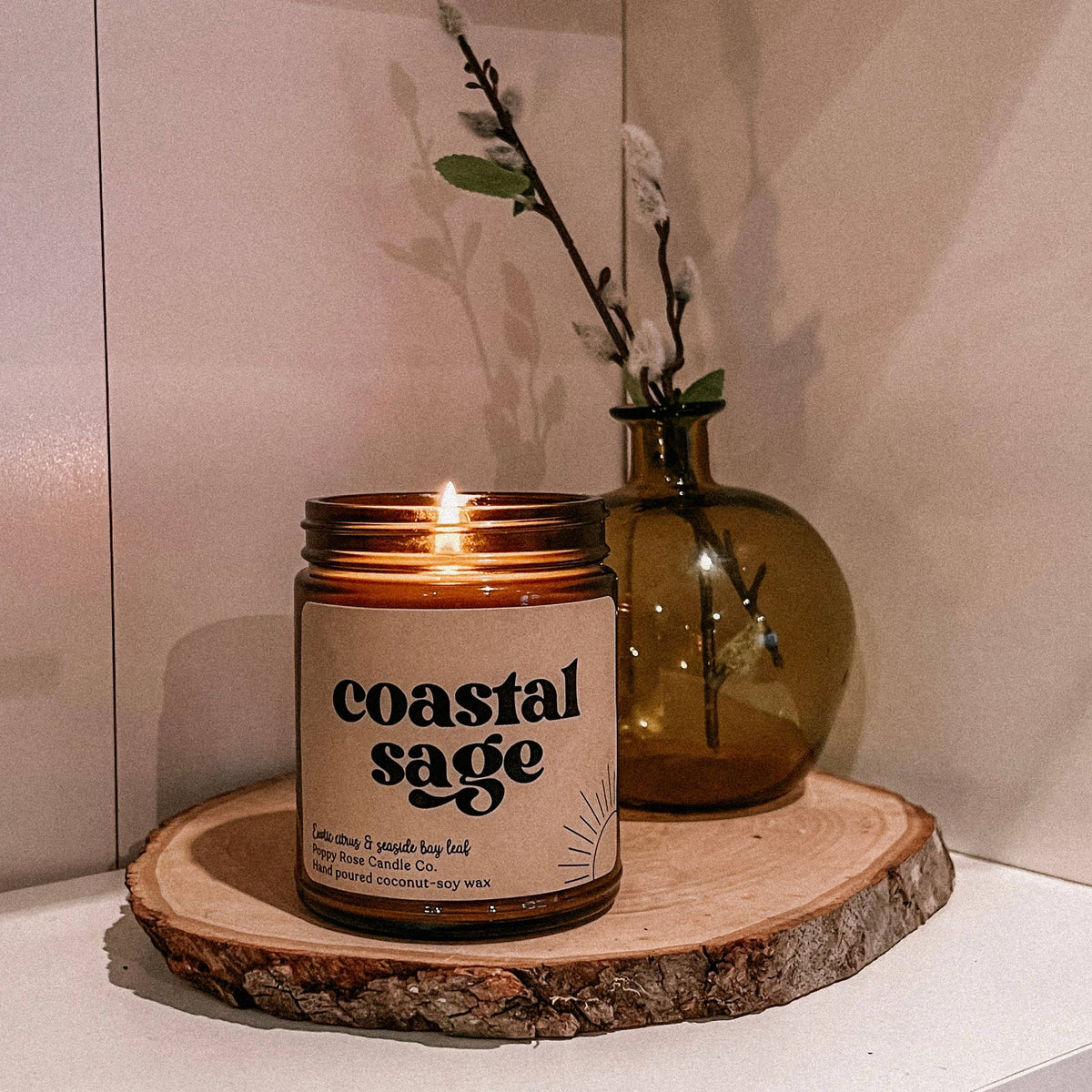 Poppy Rose Candle Co. - Coastal Sage 8 oz coconut wax amber jar candle
