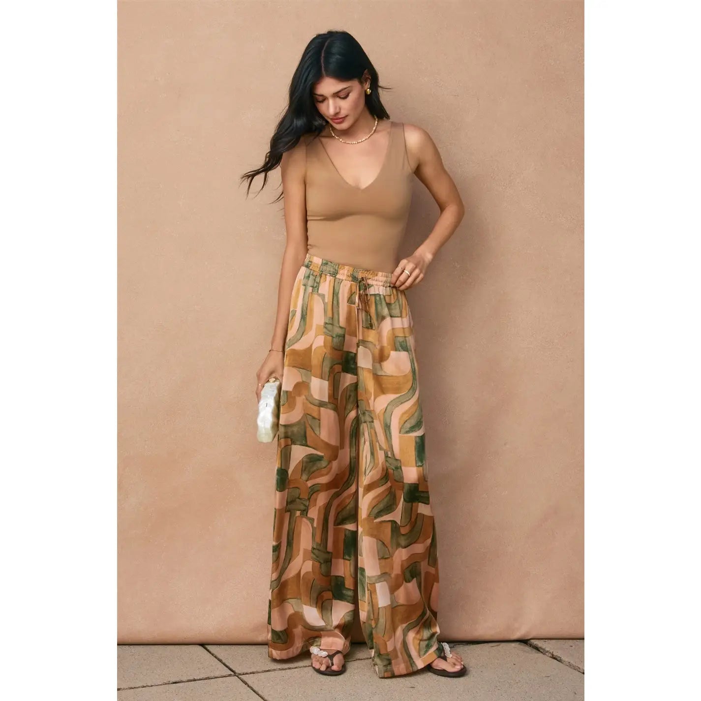 Abstract Drawstring Wide Leg Pants