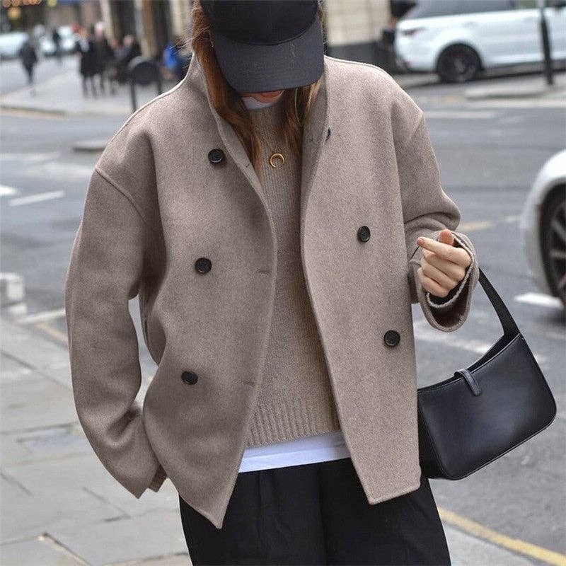 Sheer Trend - Women's V-Neck Double-Breasted Wool Coat