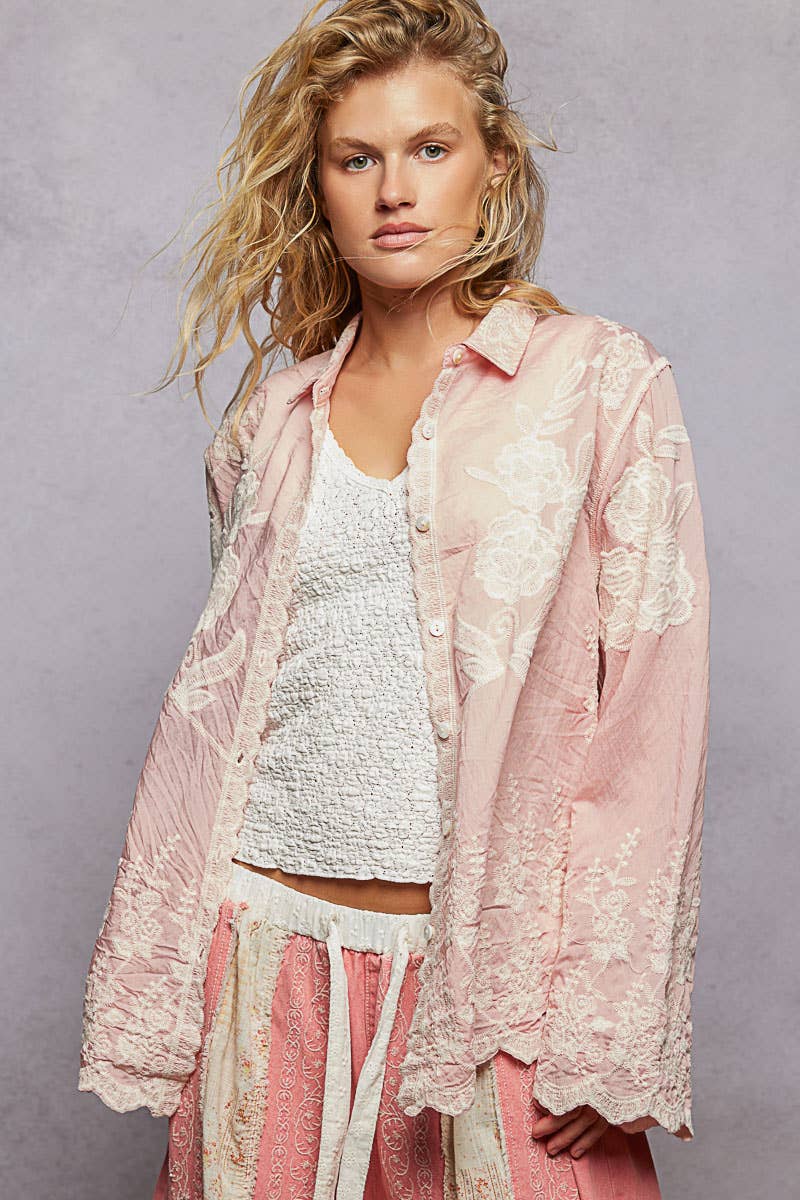 Pol Clothing - Long Sleeve Embroidered Scalloped Edge Shirt Top
