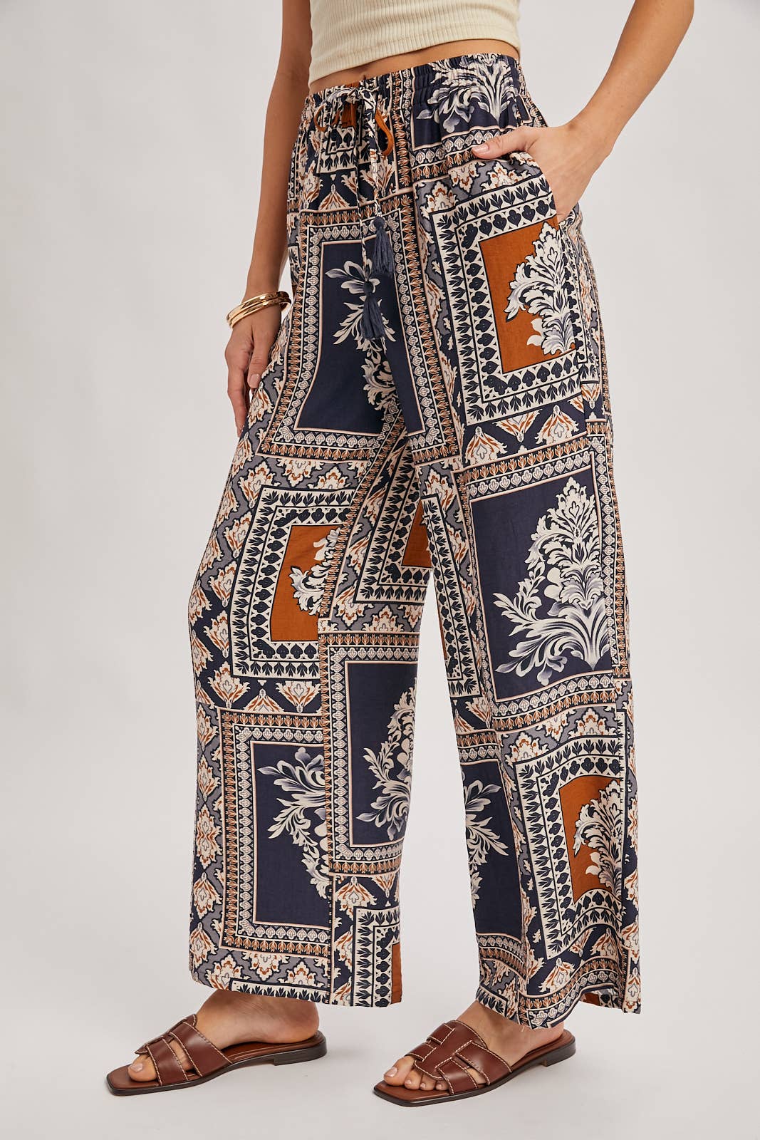 Bluivy - BOHO PRINT DRAWSTRING WIDE LEG PANTS