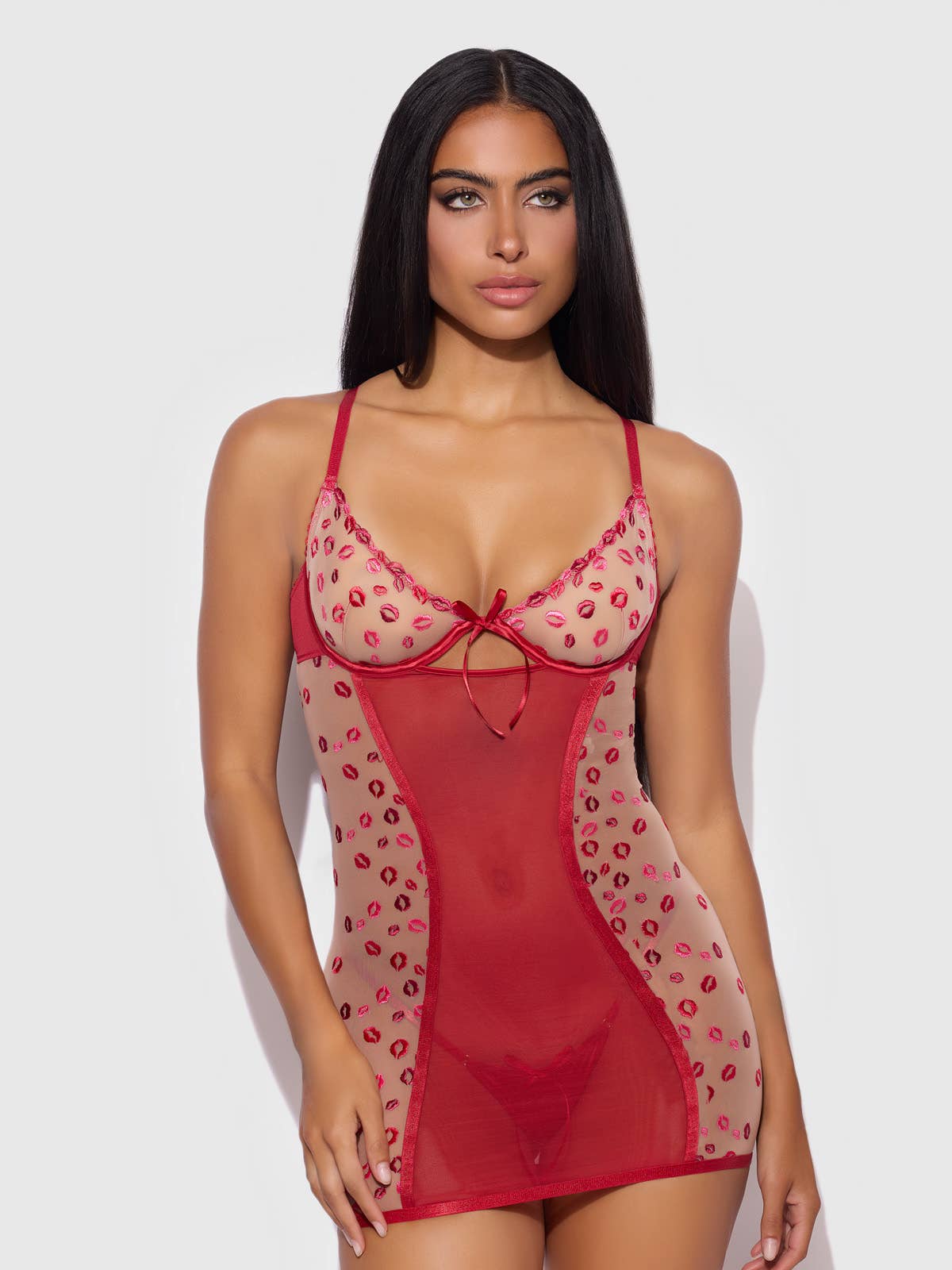 House of Desire - ANGELINA LIPS EMBROIDERY BOW BACK CHEMISE SET