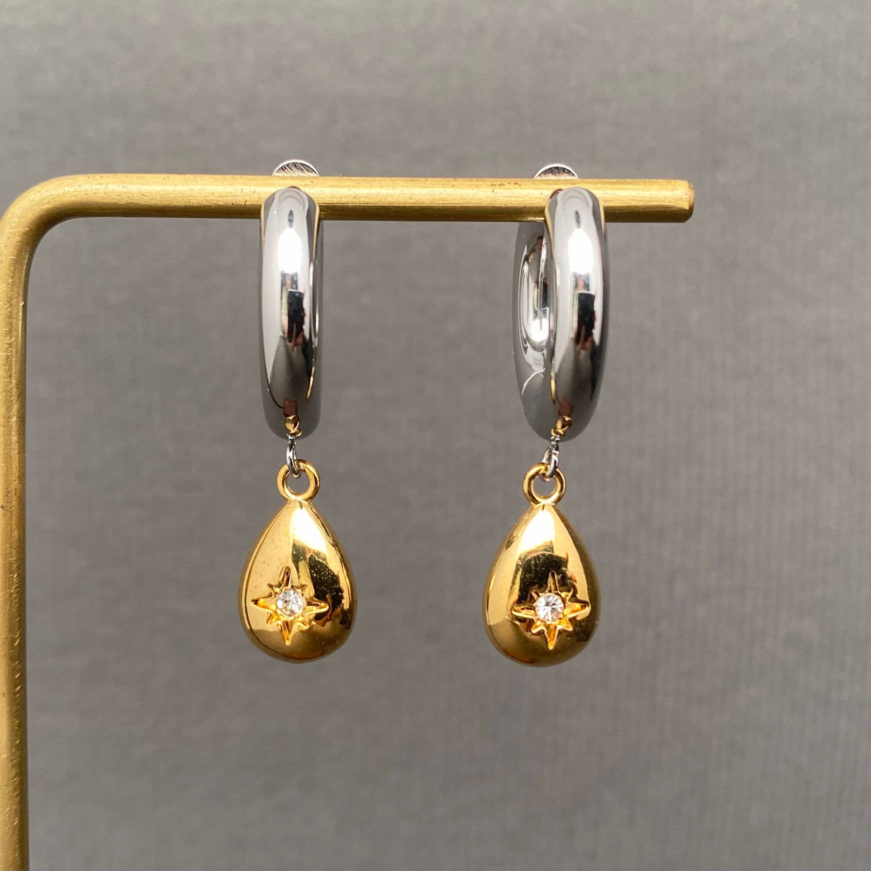 Mio Queena - CZ Inlaid Drop Two Tone 18K Golden SS Huggie Earrings - FGS