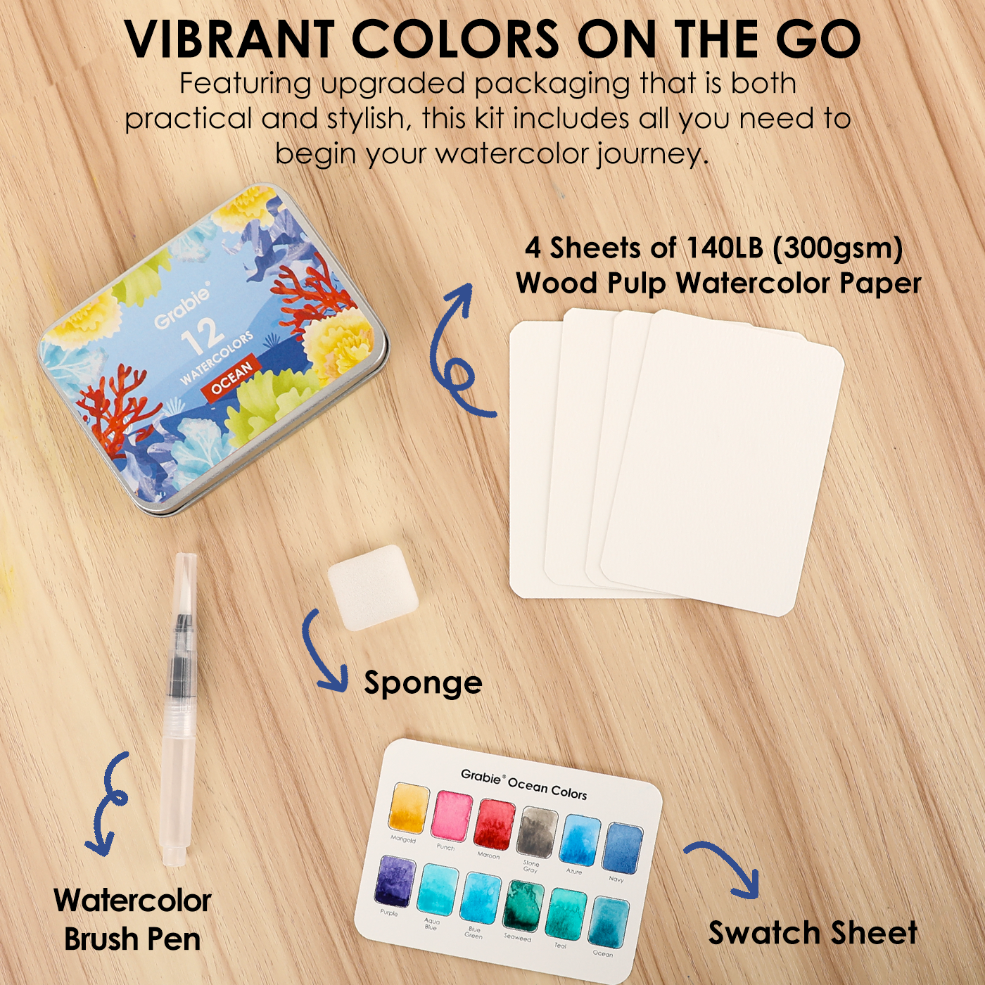 Grabie - Watercolor Pocket Set Of 12 With Brush - Ocean Colors