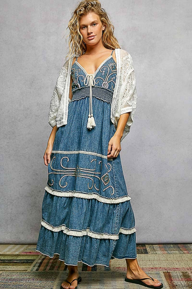 Pol Clothing - Floral Embroidery Crochet Half Batwing Sleeve Cardigan
