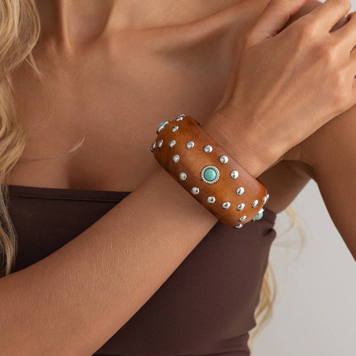 Dipped Shop - Punk Style Studded Wooden Wide Bracelet MK2ZCEP6W6JBR74